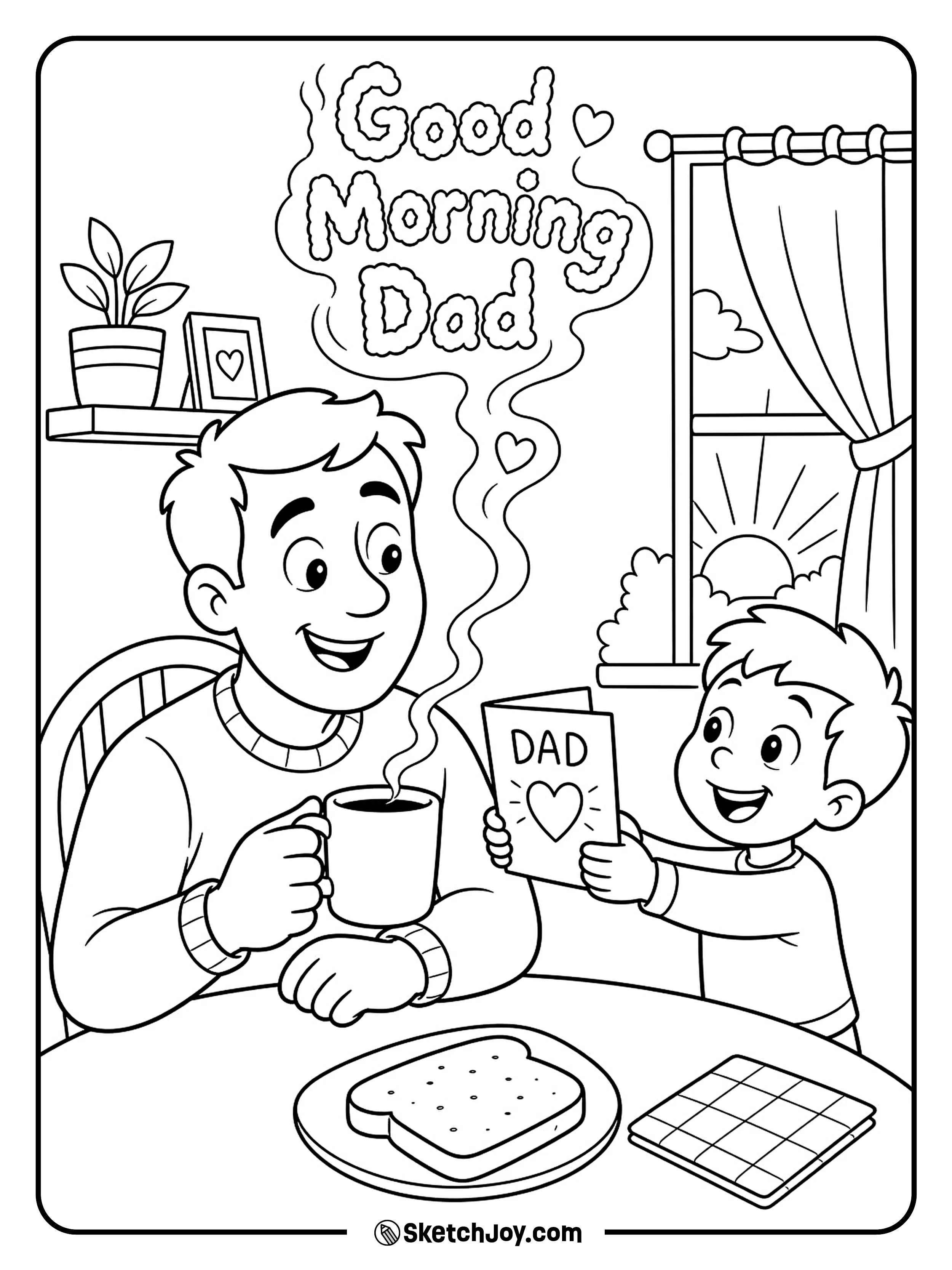 Dad starts the day with coffee and a happy child beside him.