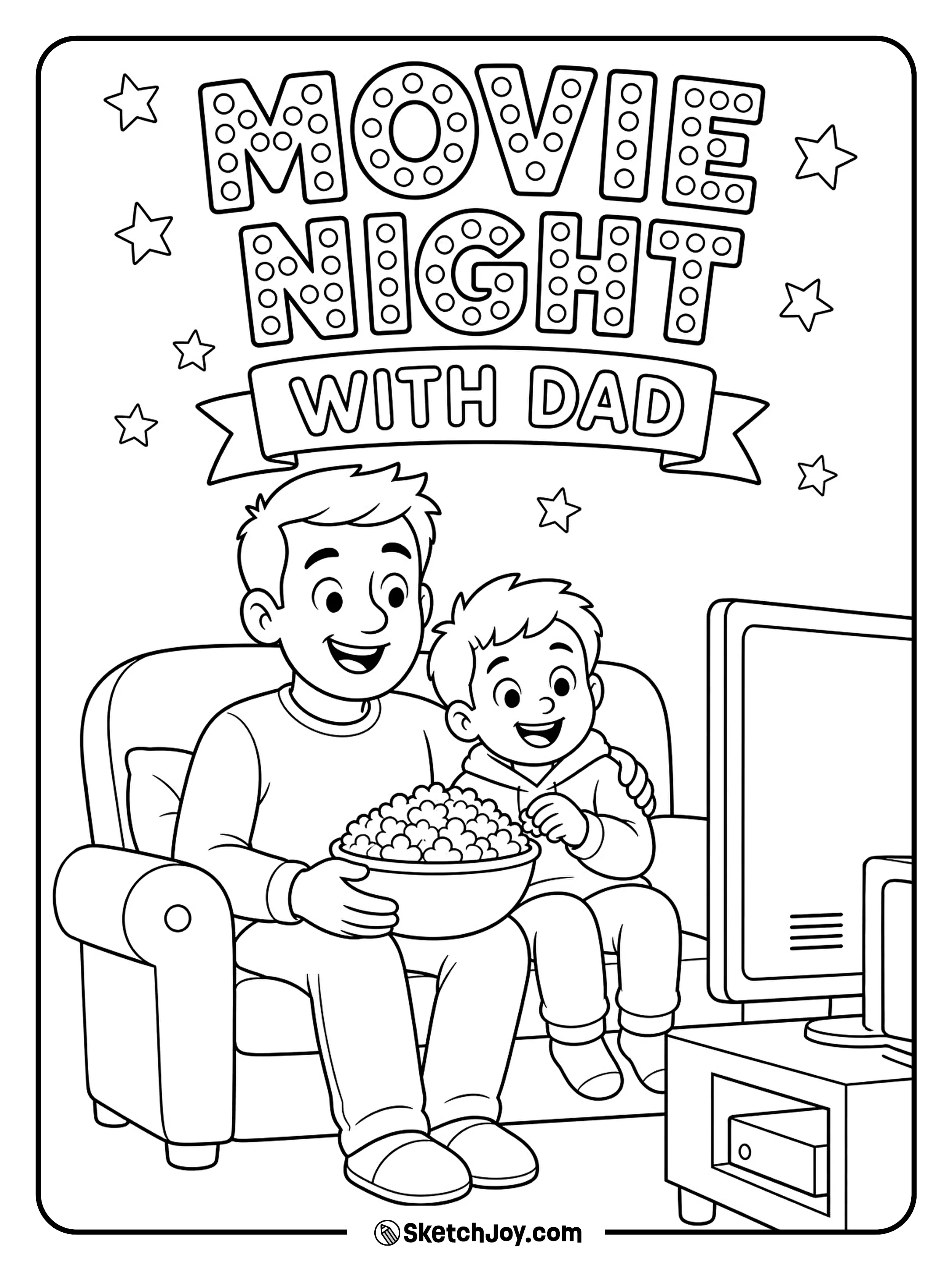 Dad and child sit with popcorn for a cozy movie night.