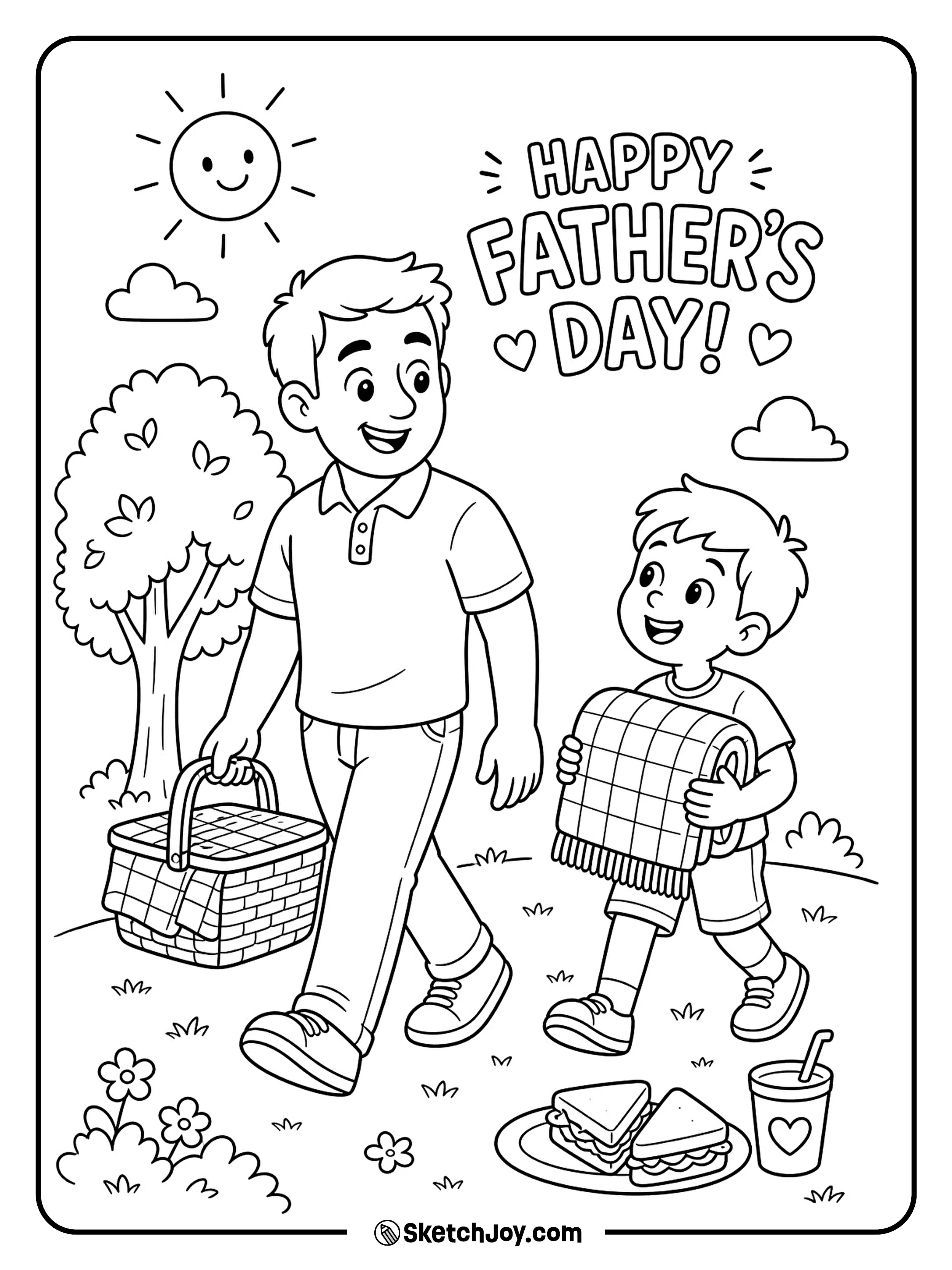 Dad brings a picnic basket for a fun family meal.