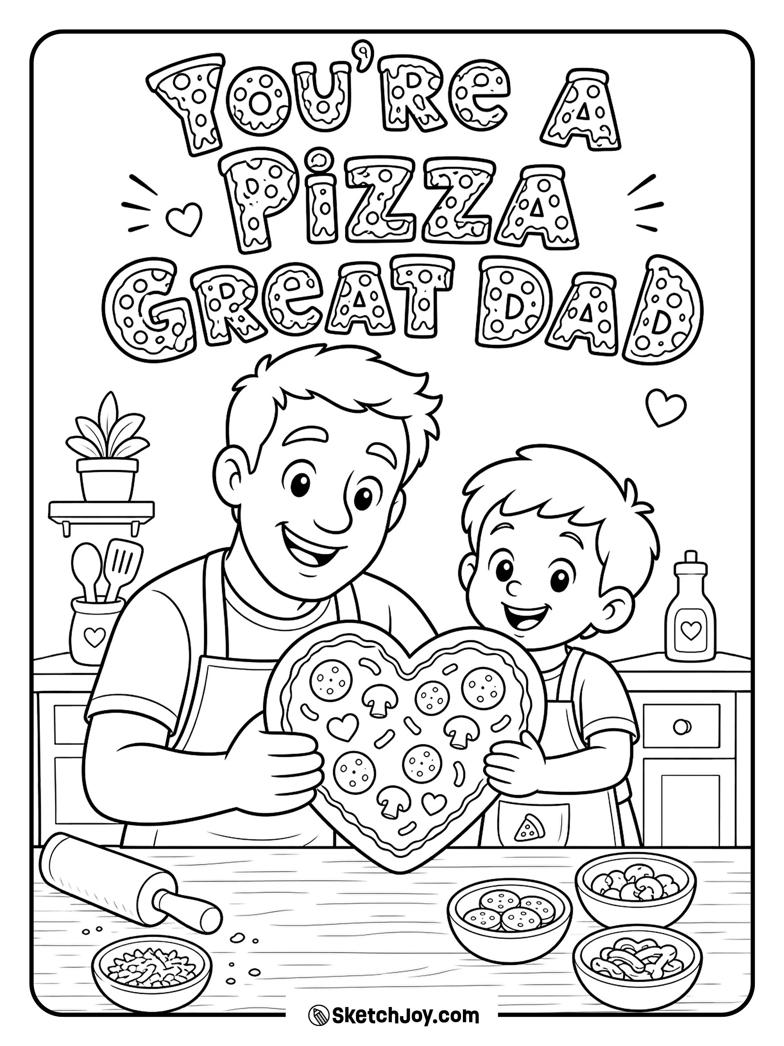 Dad and child make a pizza together with big smiles.