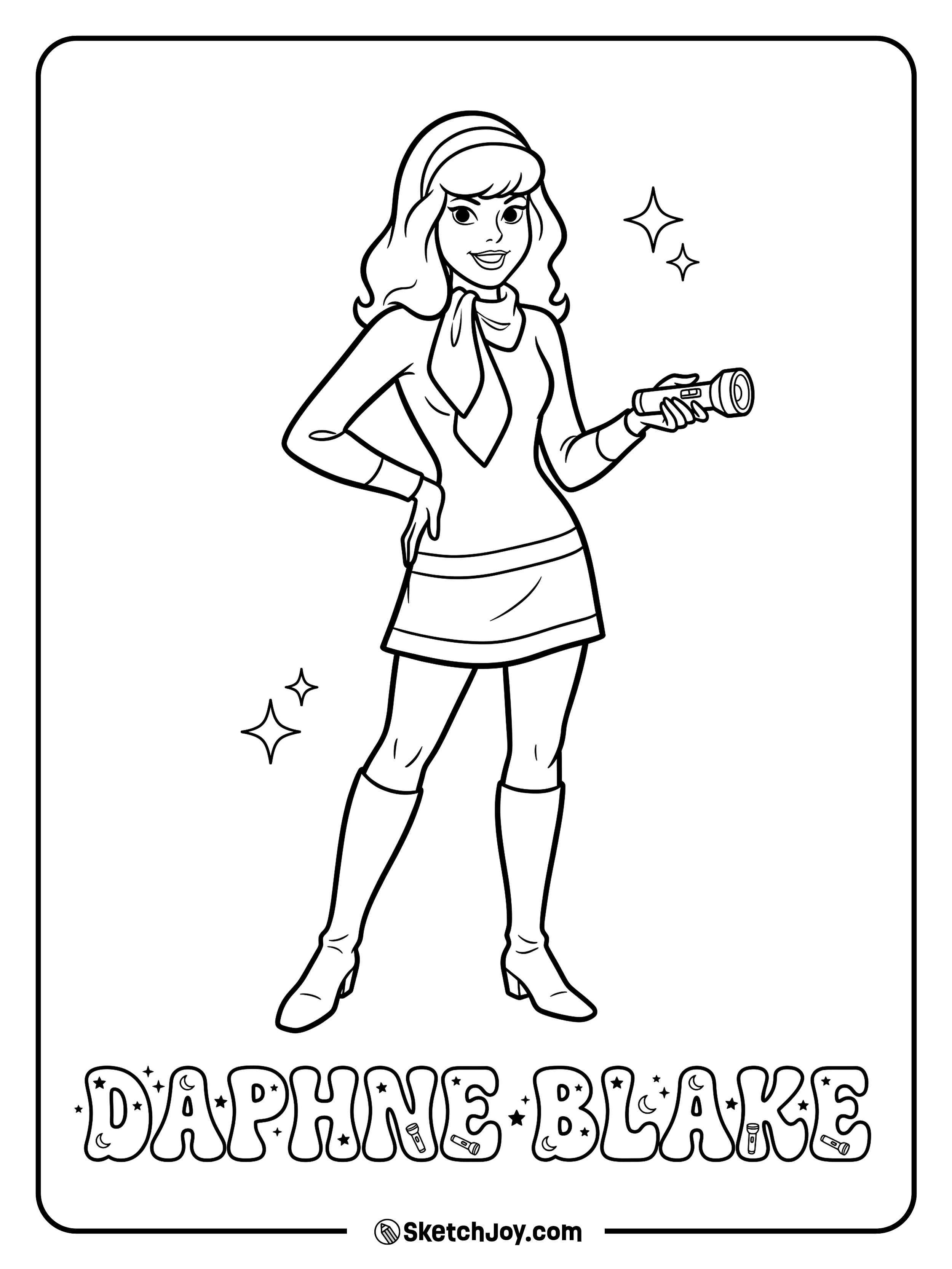 Daphne holds a flashlight and smiles above her bold name.