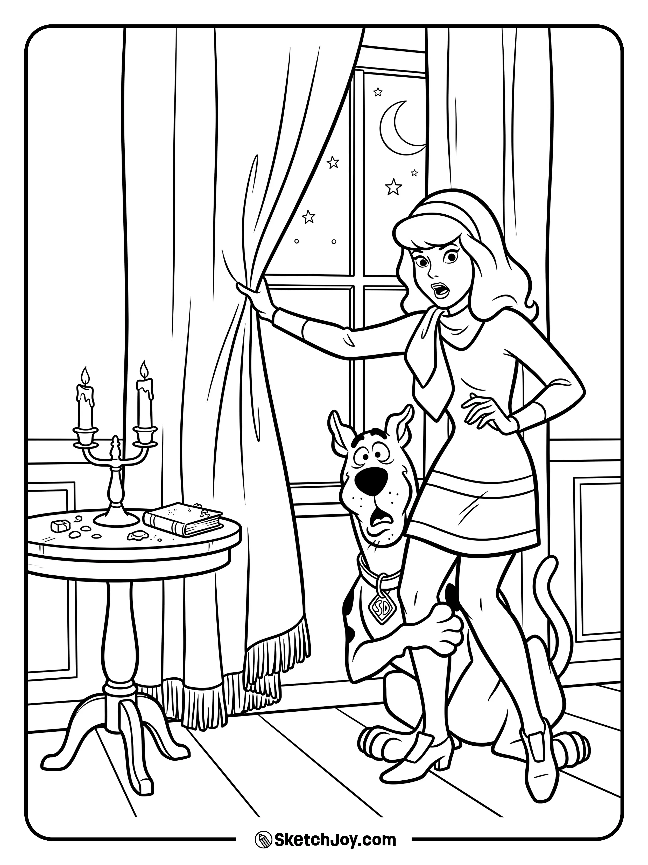 Daphne pulls back a curtain while Scooby-Doo hides close by.