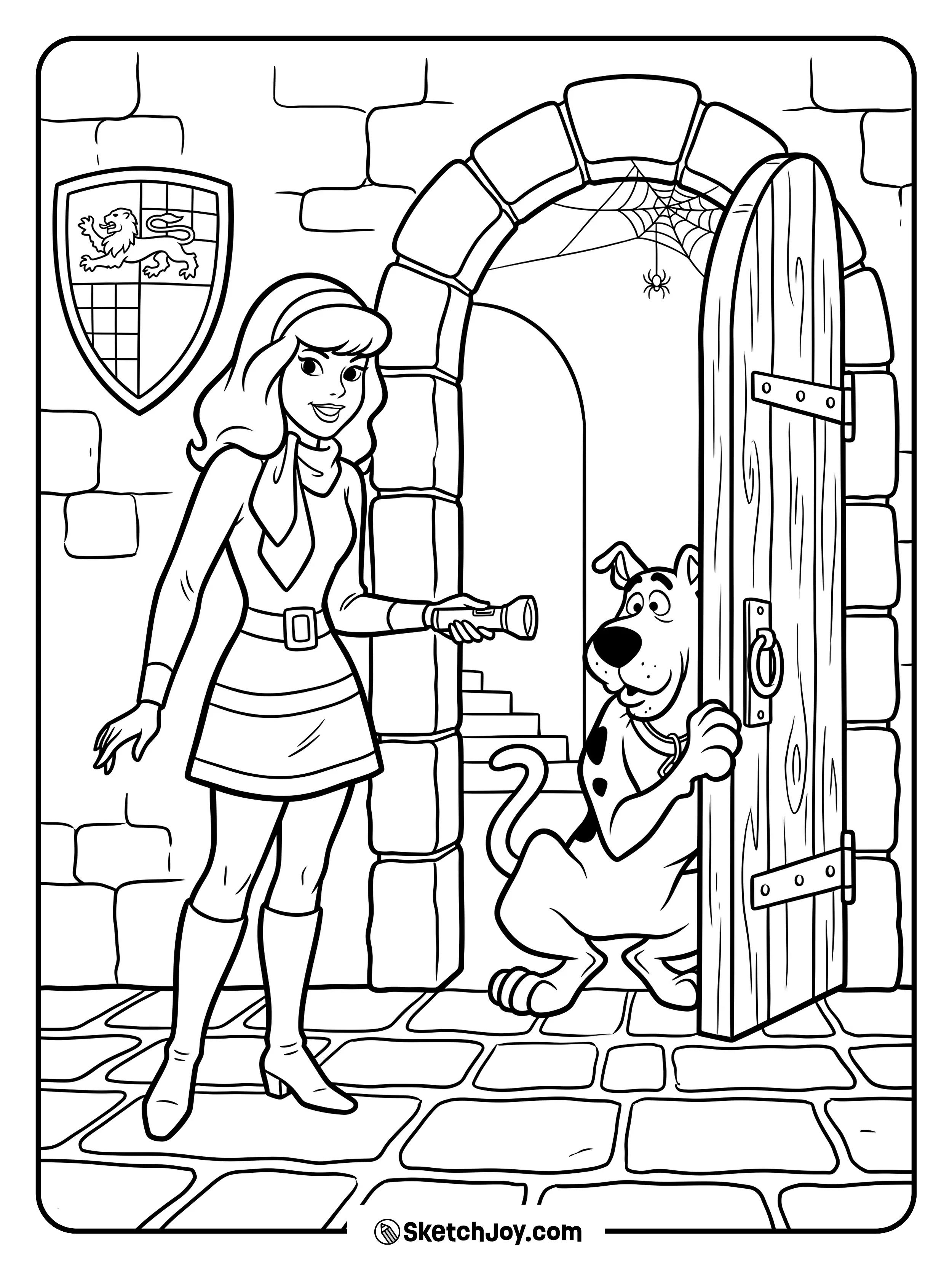 Daphne and Scooby-Doo look through a castle doorway together.