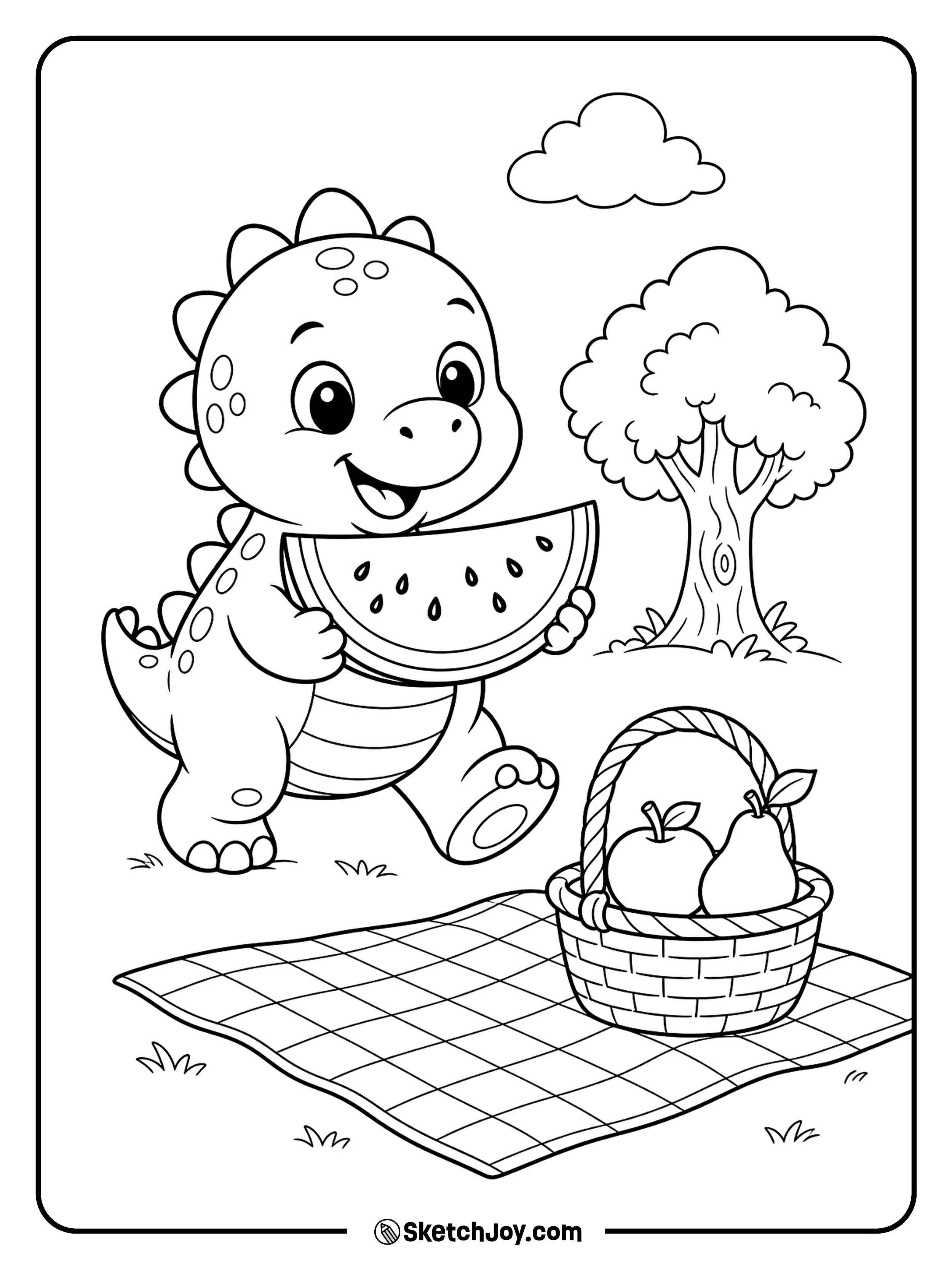 A baby dinosaur carries a watermelon slice to a picnic under a small tree.