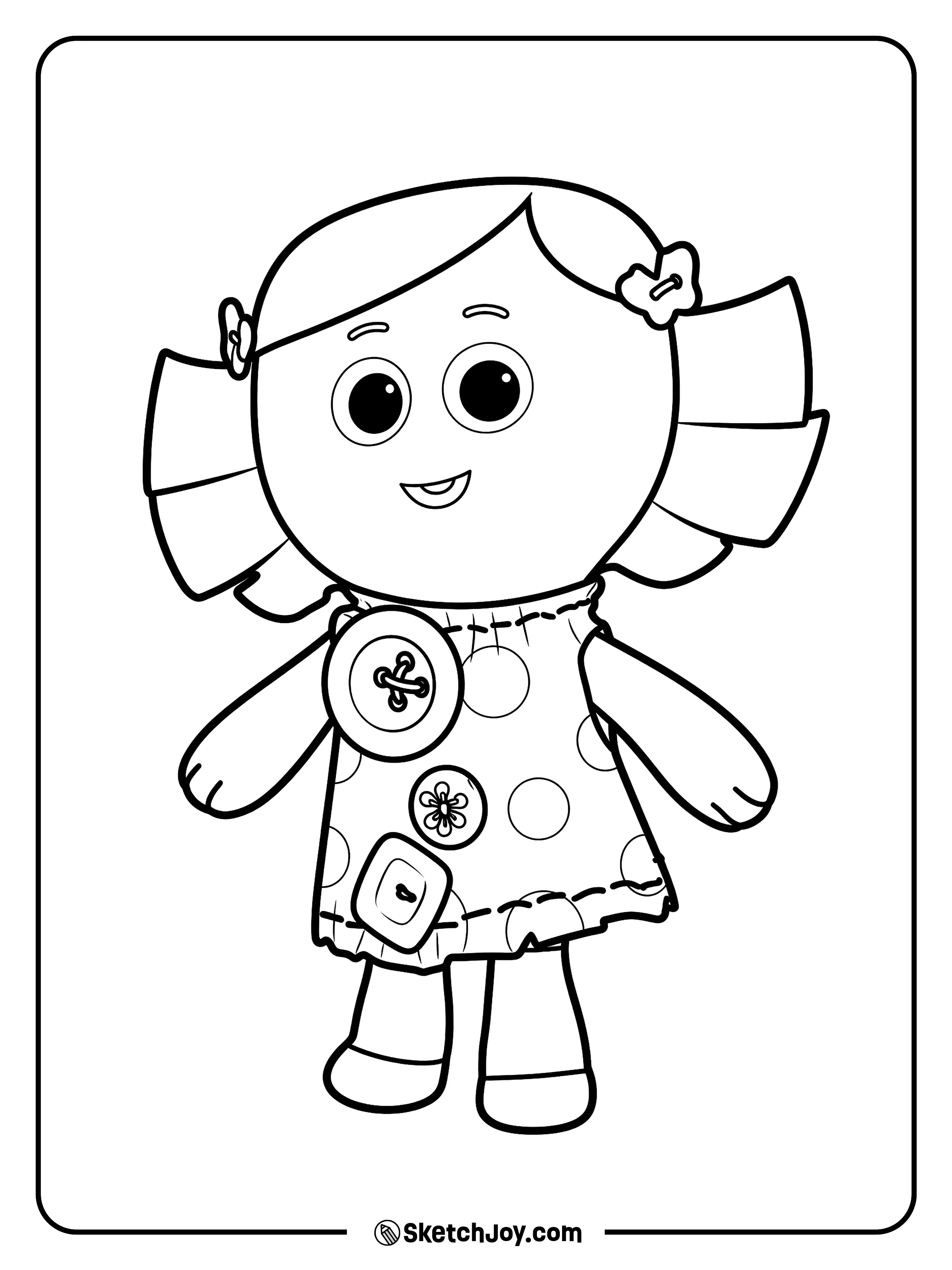 Dolly smiles in her button-covered dress and pigtails.