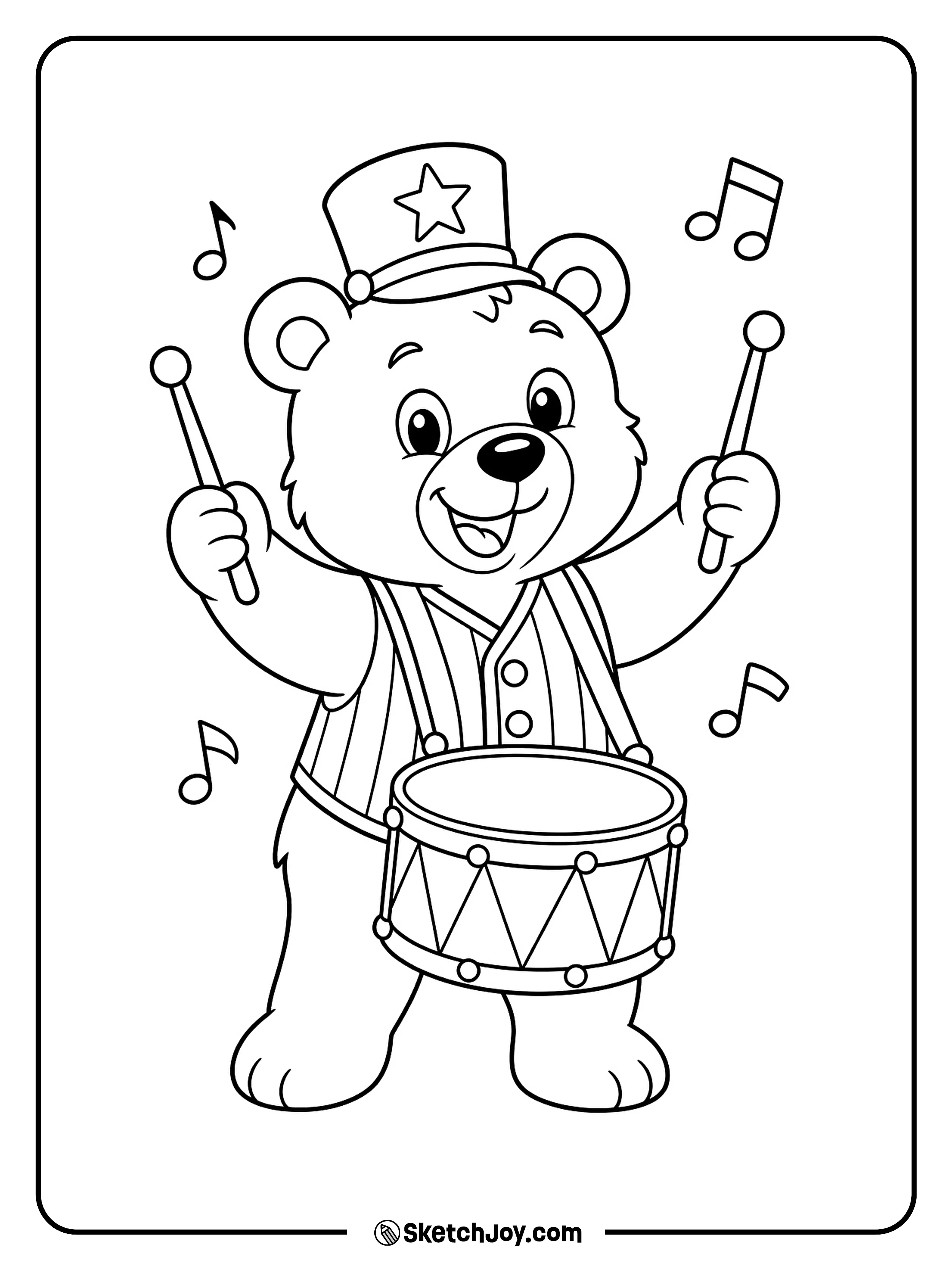 A cheerful bear marches while playing a star-covered drum.