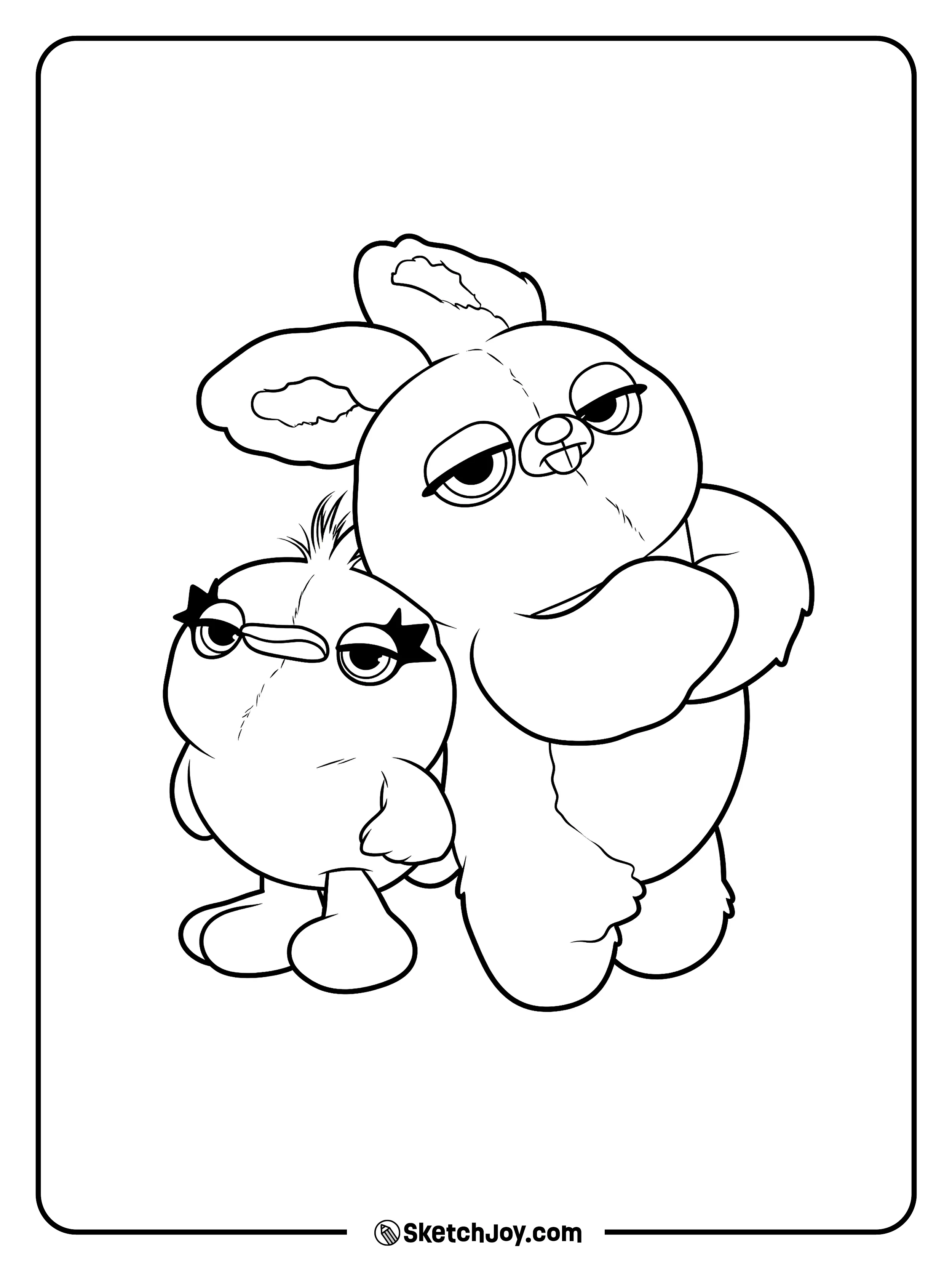 Ducky and Bunny stand close with their funny faces.
