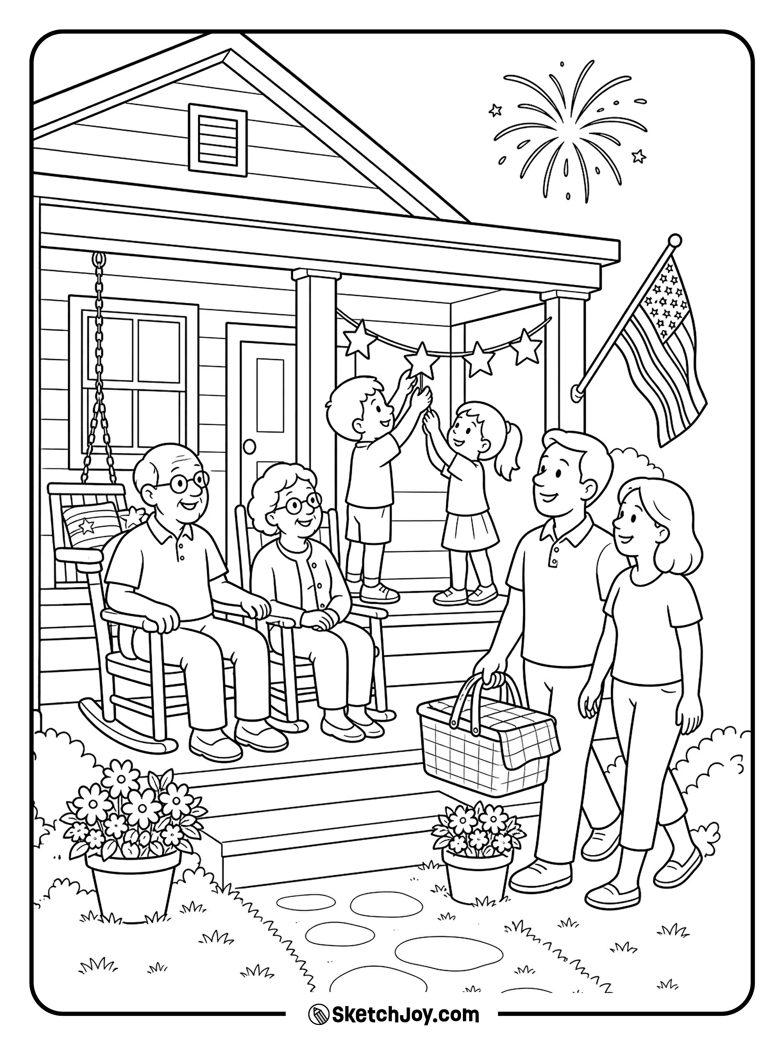 A family relaxes on a decorated porch before the evening fireworks.