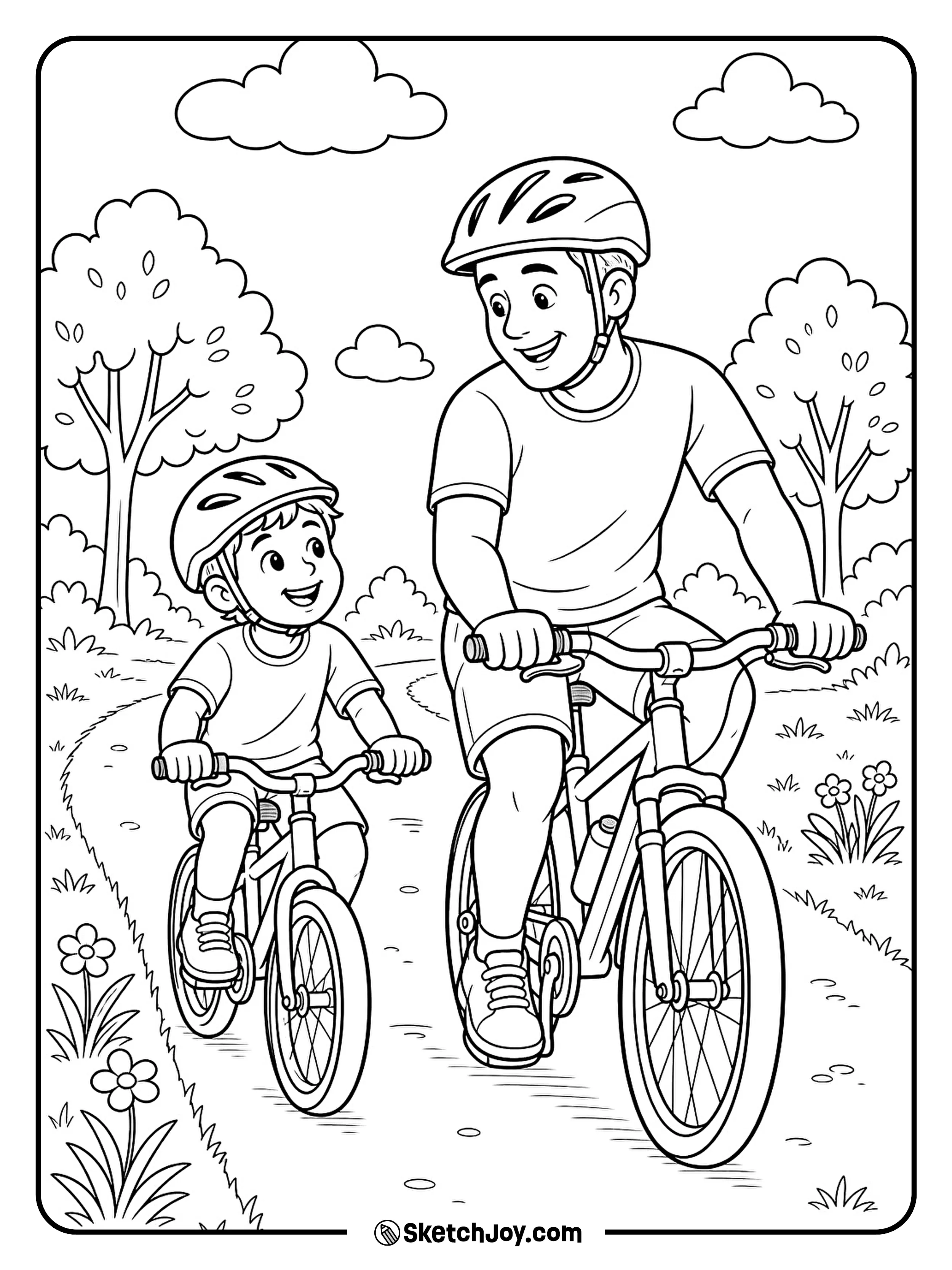 Dad and child ride bikes together on a sunny path.
