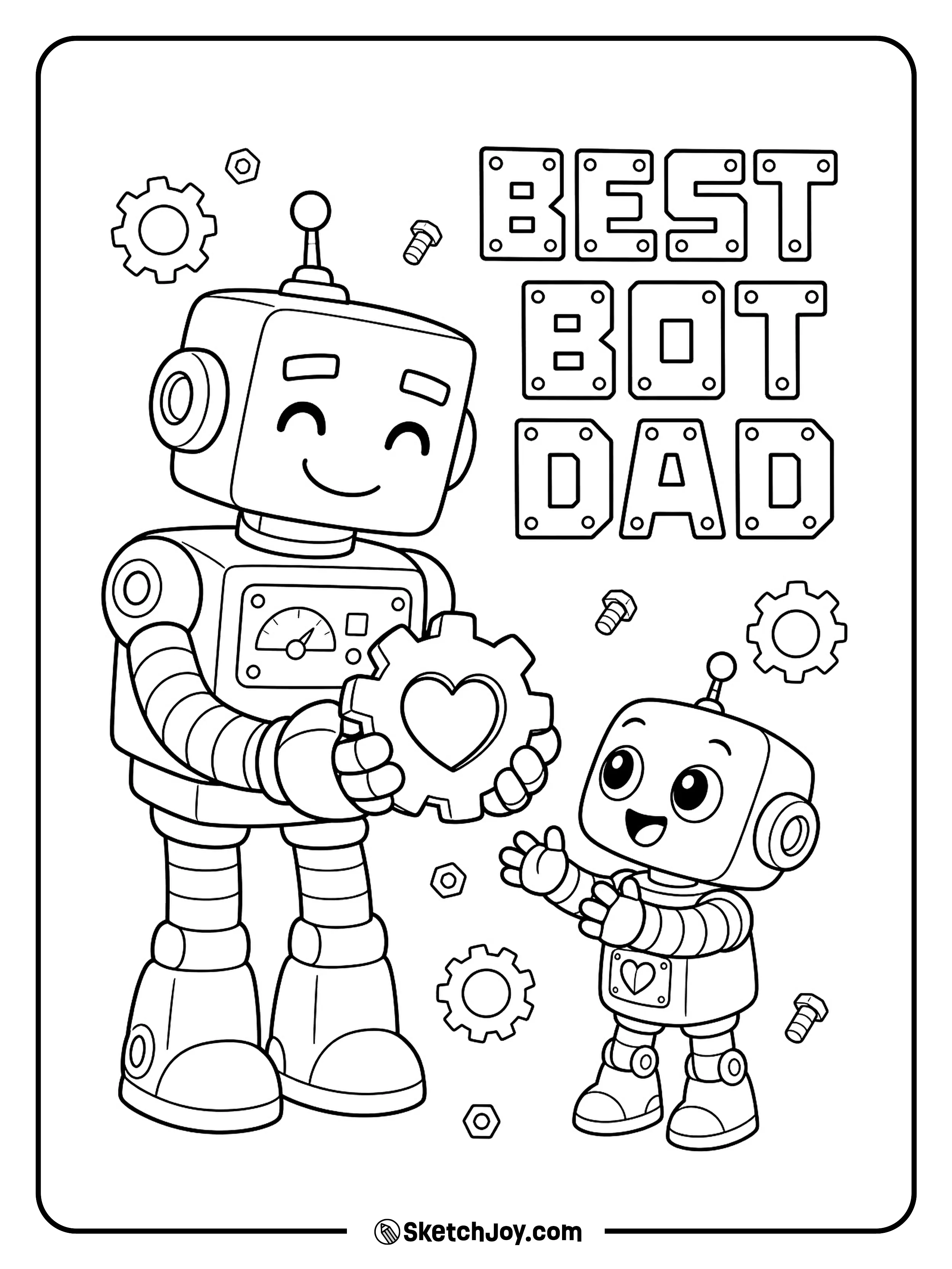 A cute robot dad gives a tiny robot child a heart.