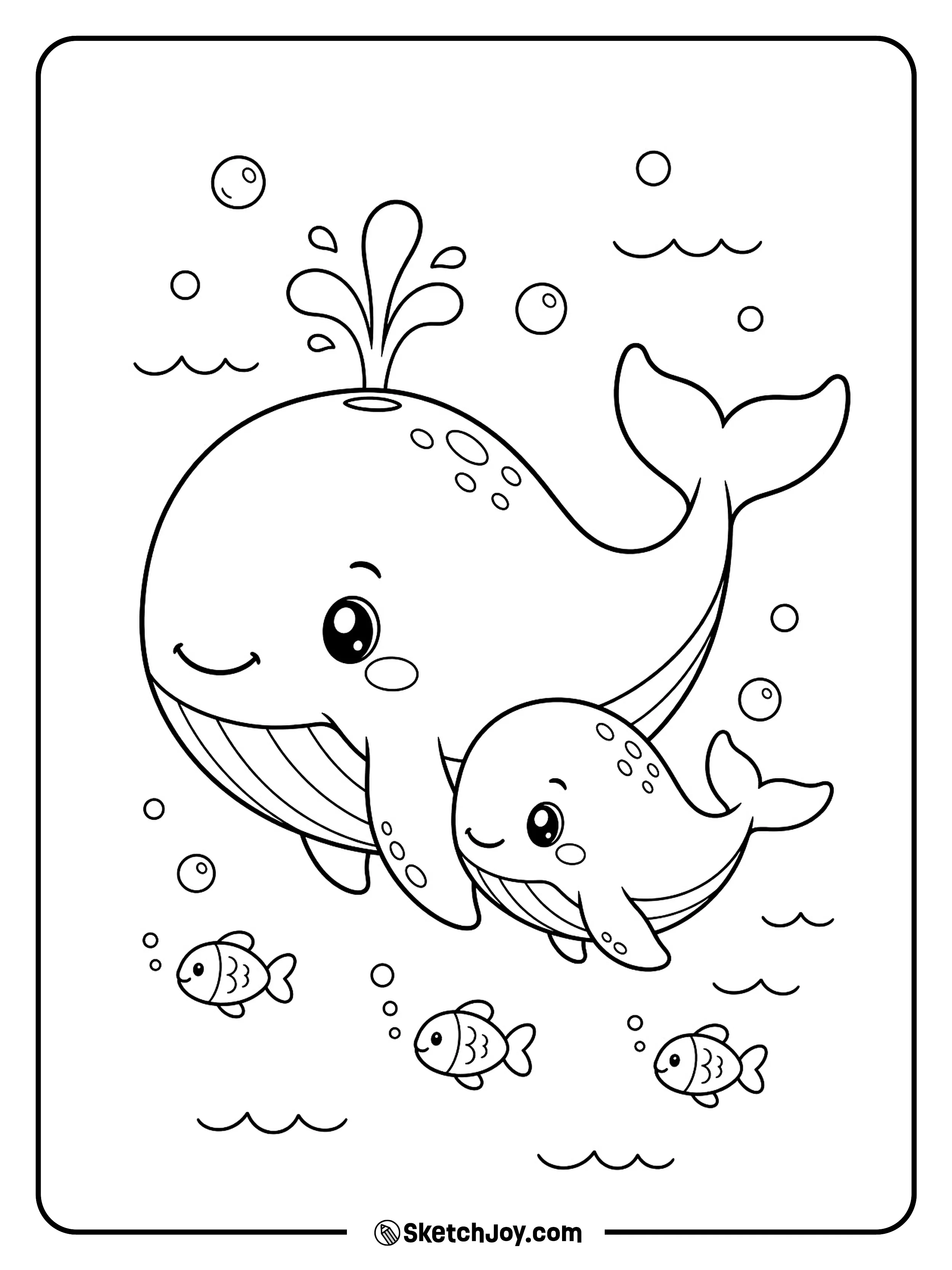 A big whale dad swims with a tiny baby whale.