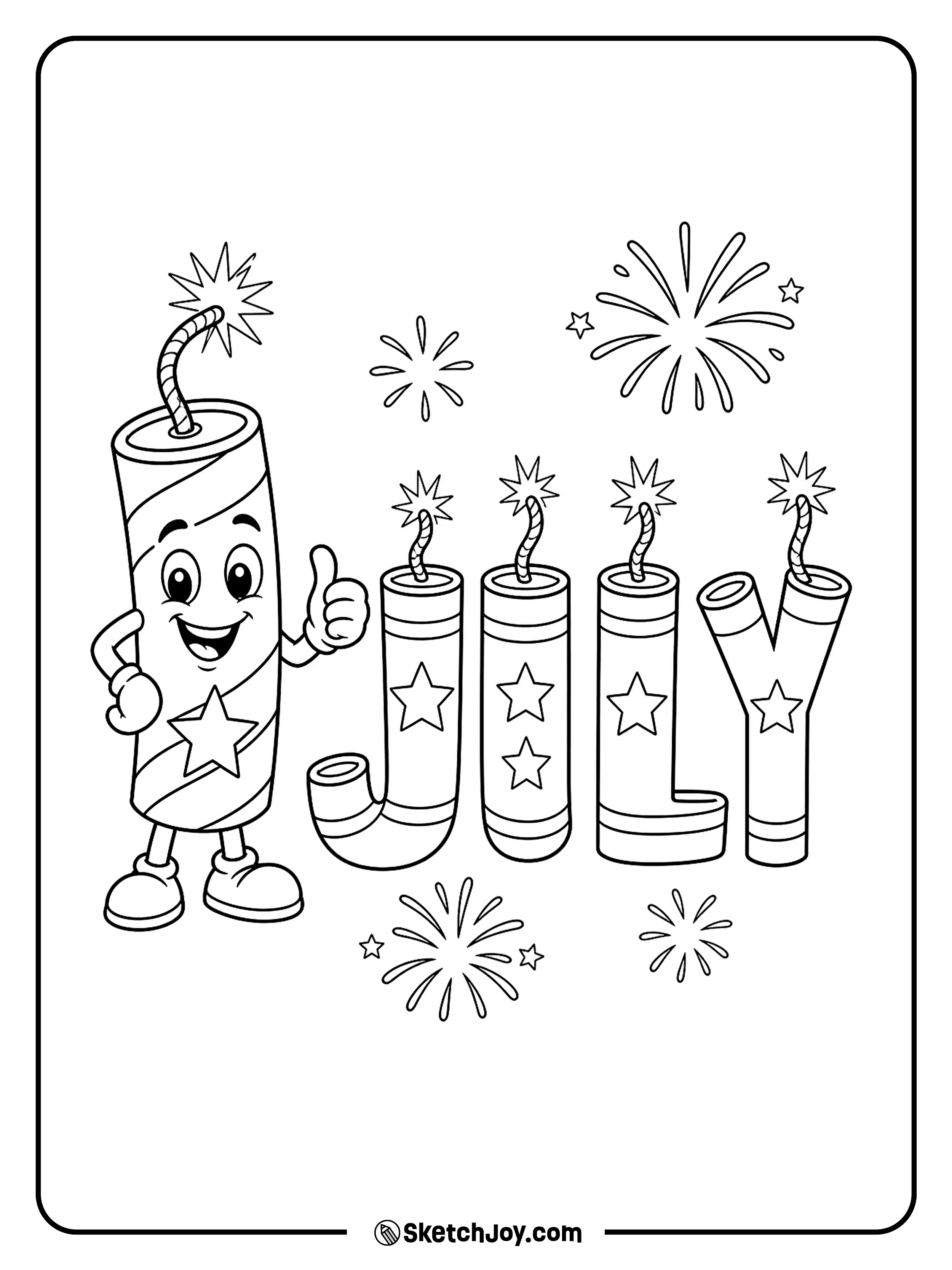 A cute firecracker sits beside bold JULY letters with star details.