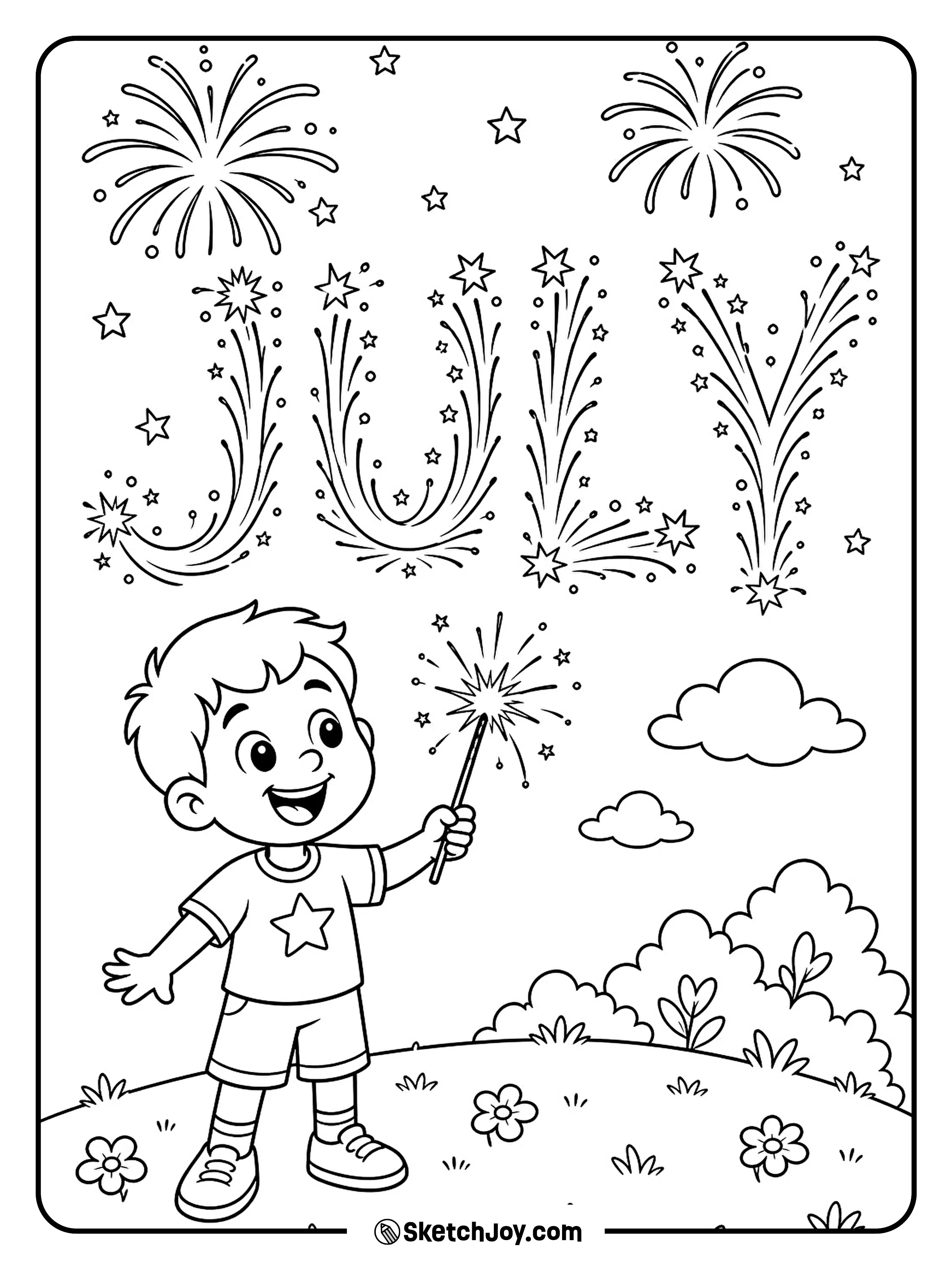 Big fireworks burst around the word JULY in a fun summer night scene.