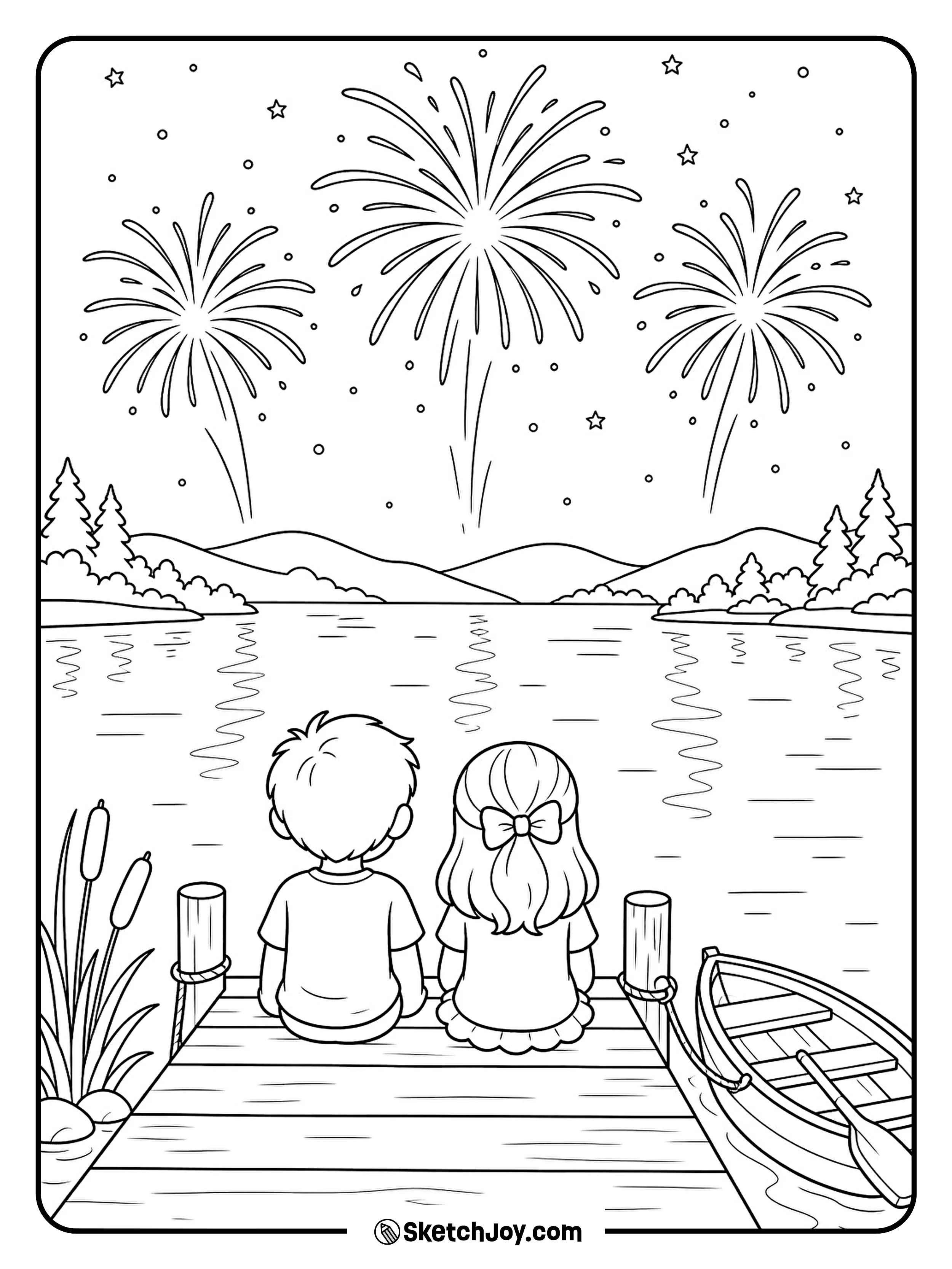 Two children watch fireworks from a quiet lakeside dock.
