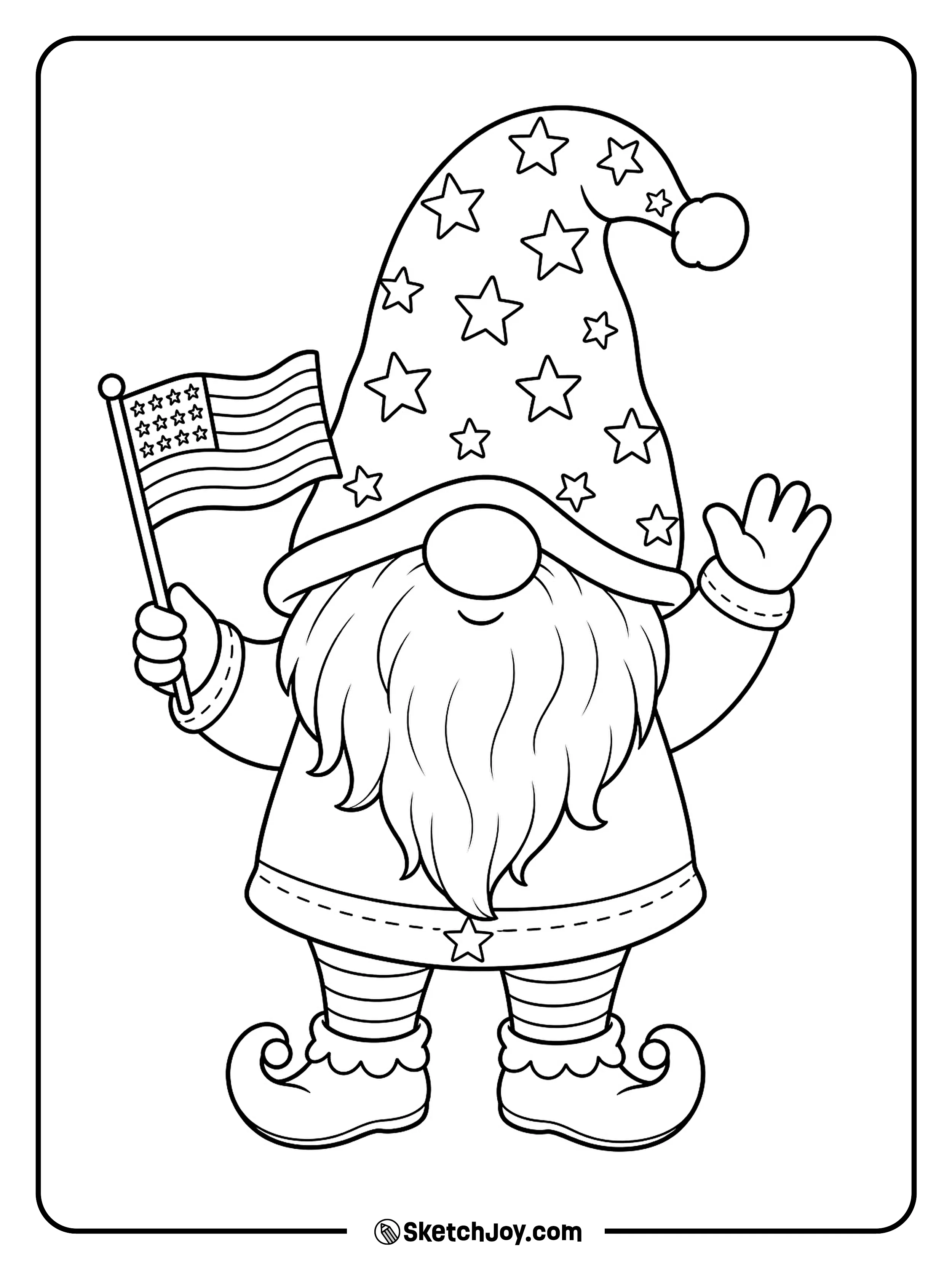 A tiny holiday gnome holds a flag and gives a cheerful wave.