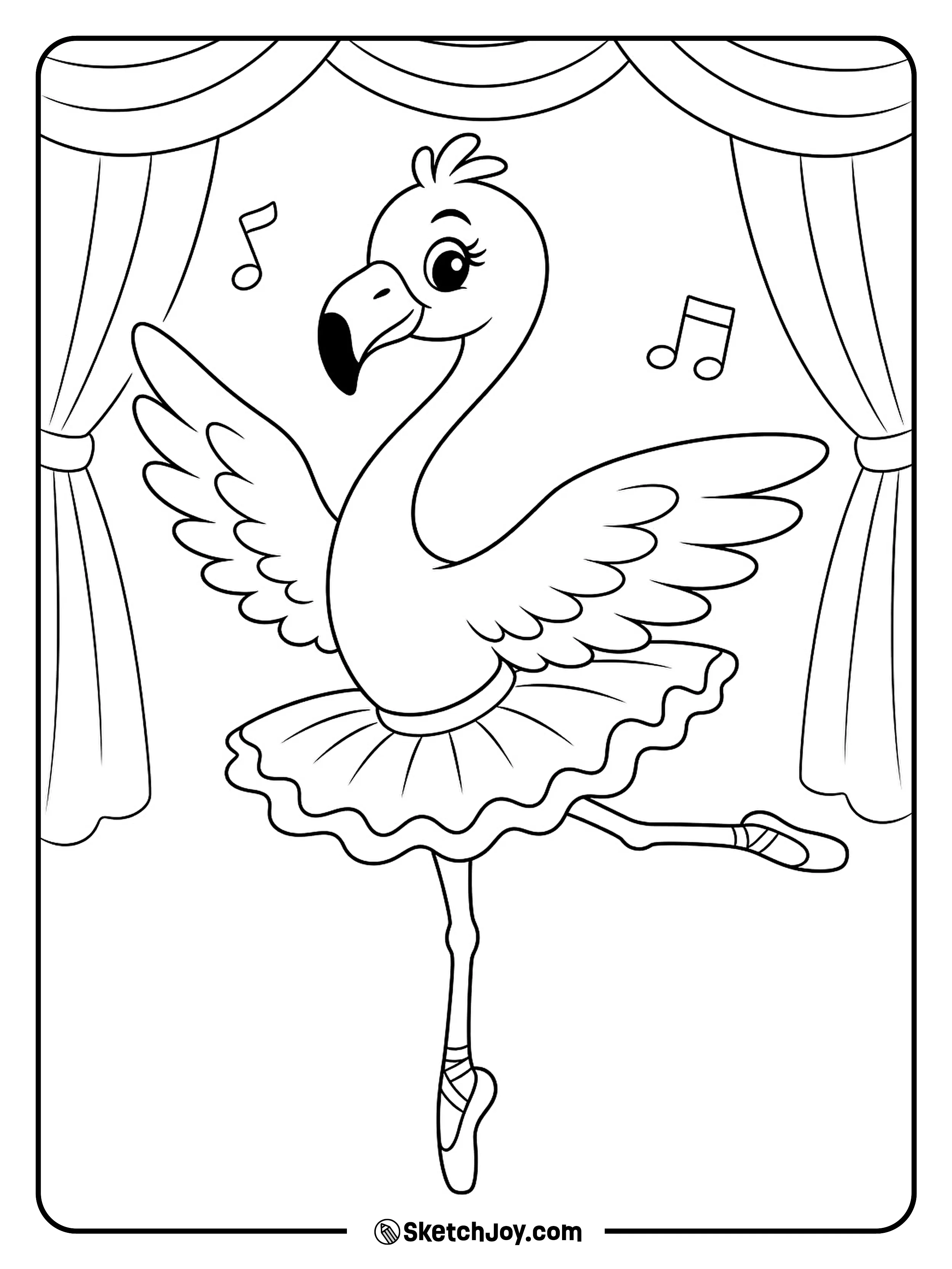 A graceful flamingo spins in a tutu with one leg raised.