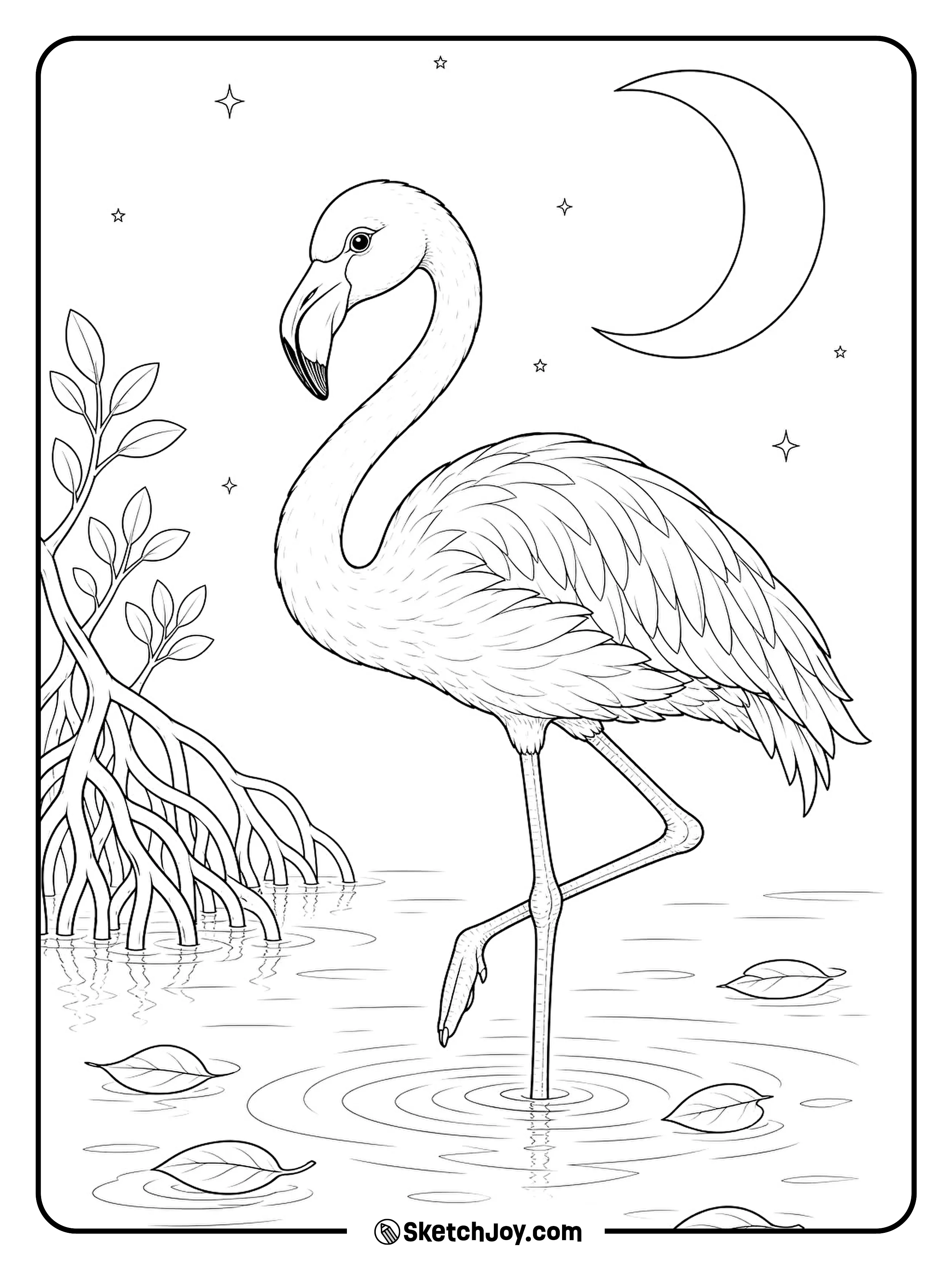 A quiet flamingo stands among mangrove roots under a large moon.