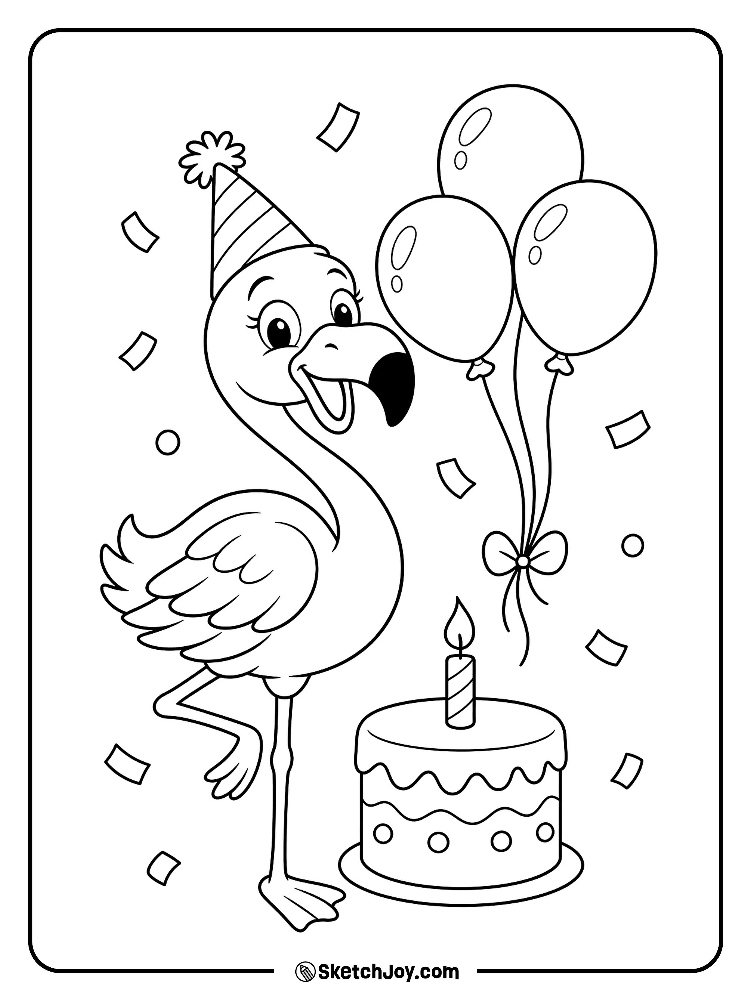 A happy flamingo celebrates with a cake, balloons, and a party hat.
