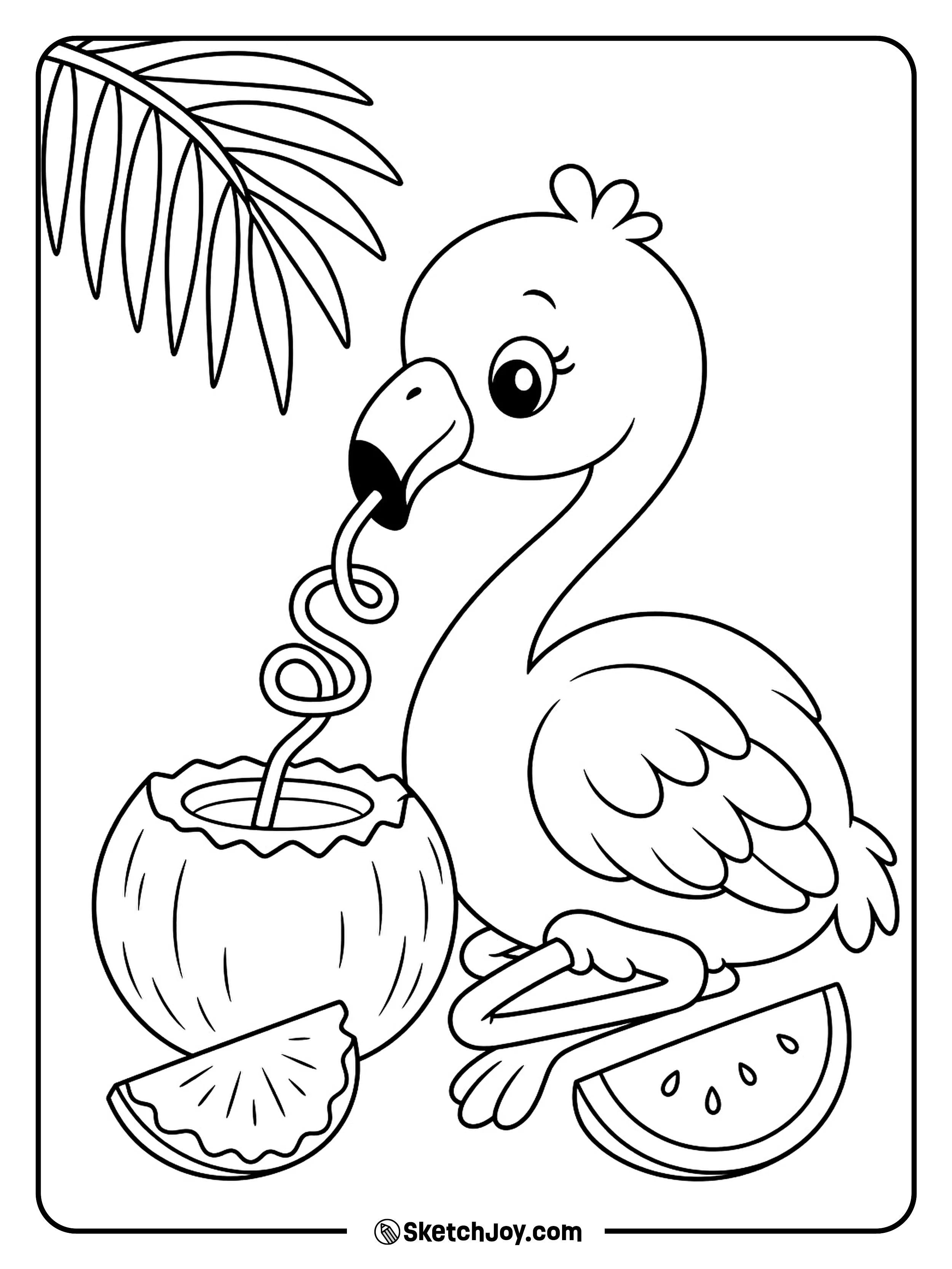 A relaxed flamingo drinks coconut water through a curly straw.