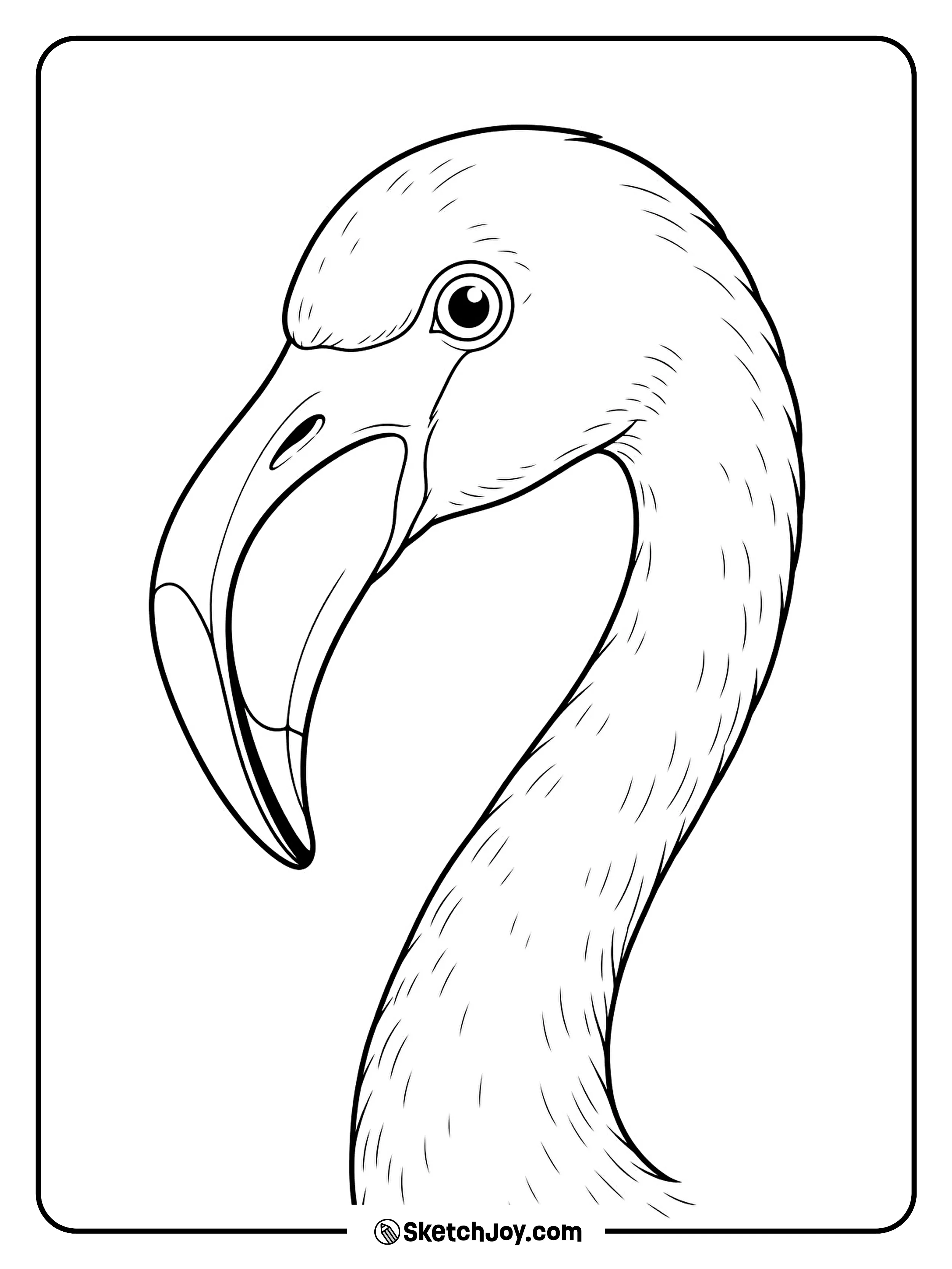 A close view shows the flamingo's curved beak and gentle eyes.