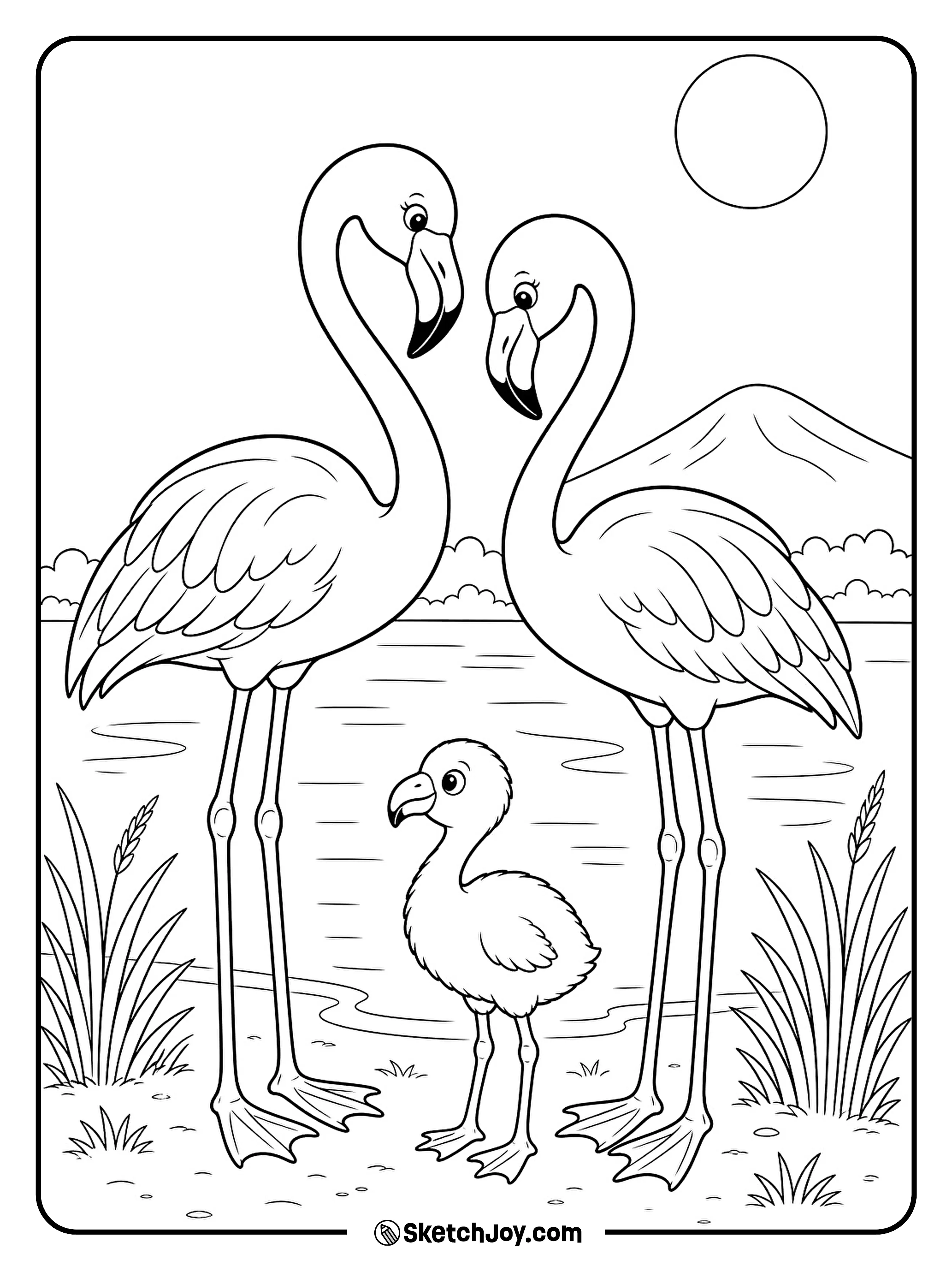 Two adult flamingos watch over their little chick by the lagoon.
