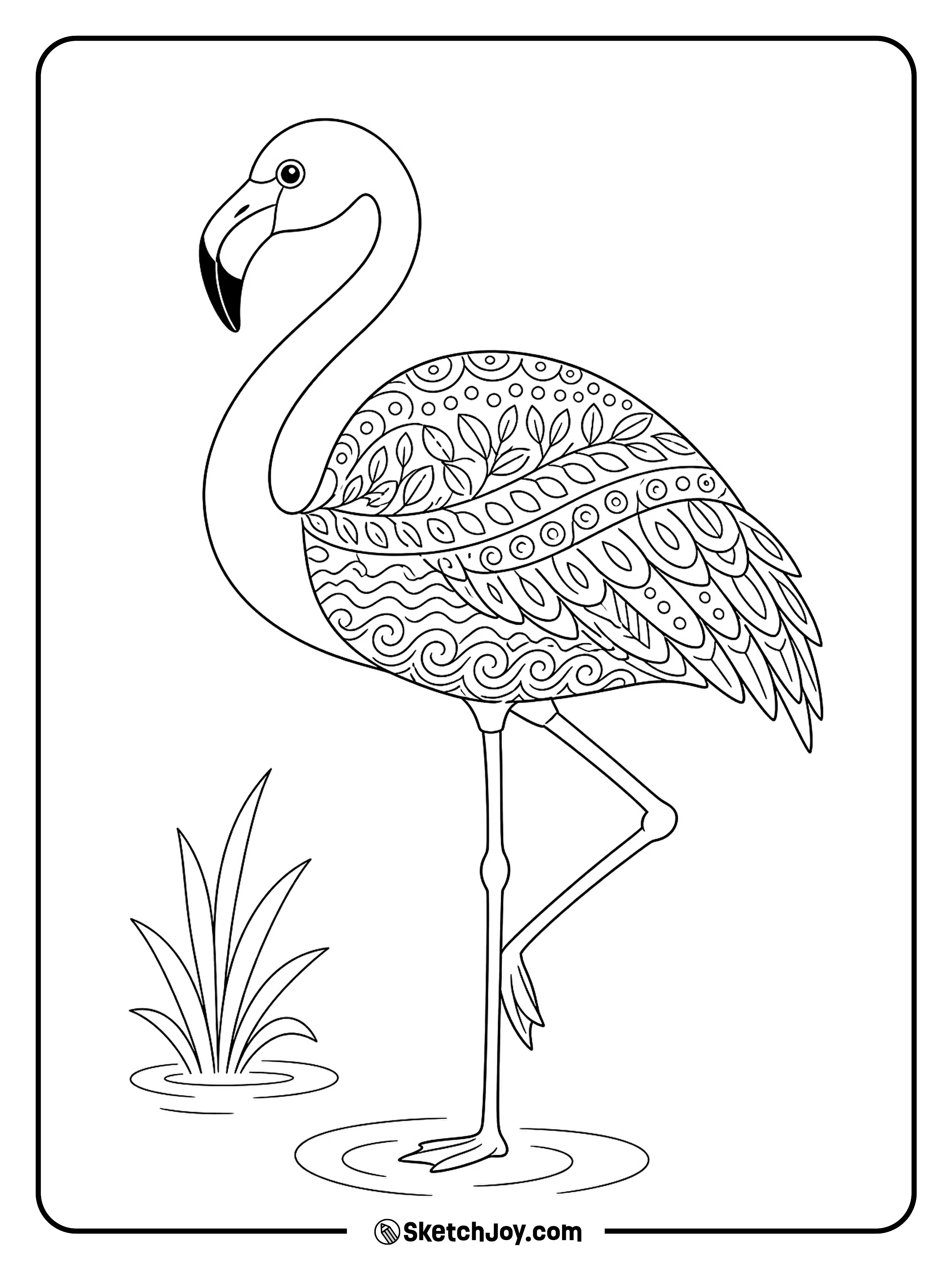 Curved lines, leaves, and small shapes fill this flamingo's feathers.