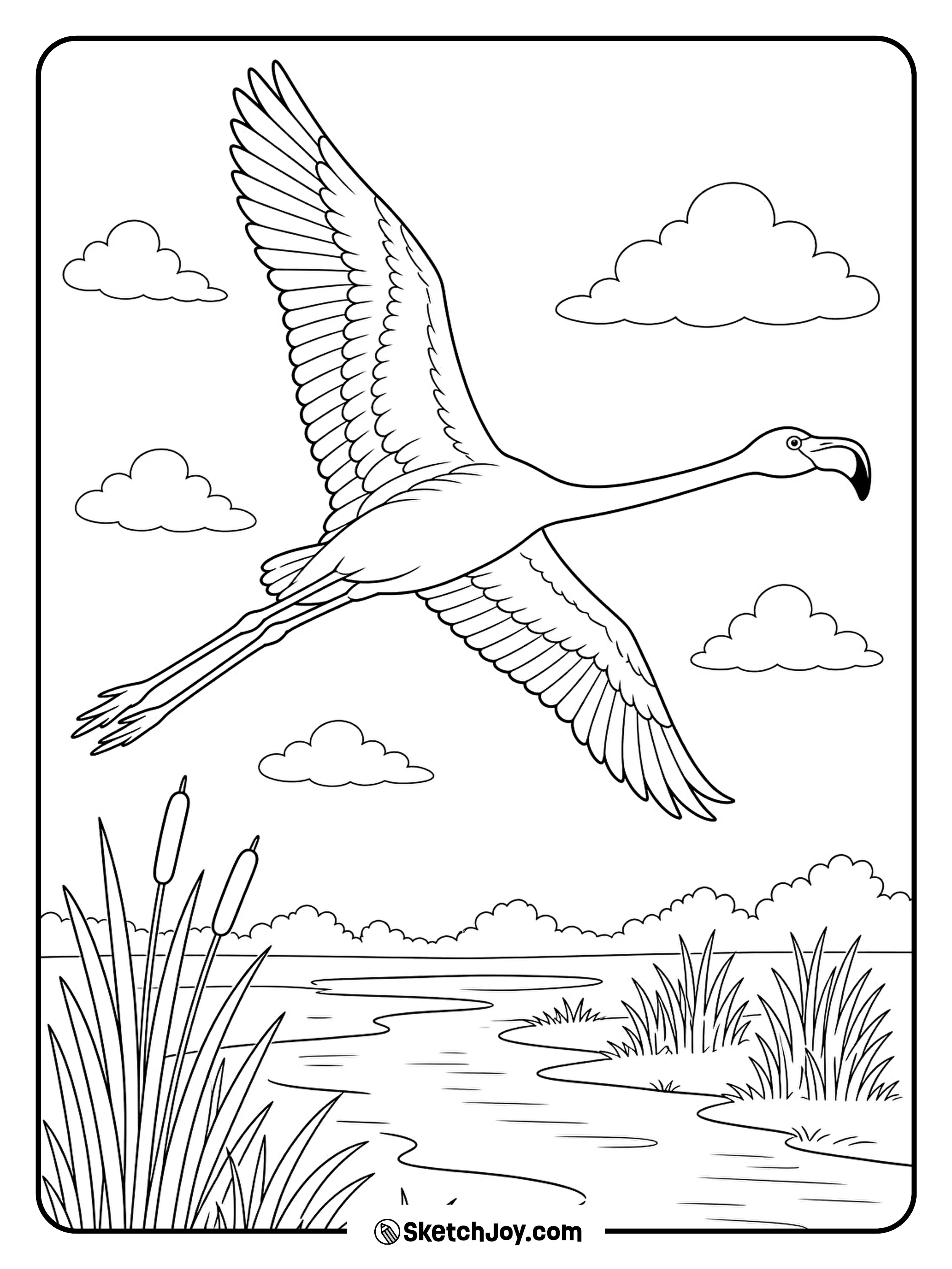 A strong flamingo flies with its long neck and legs held straight.