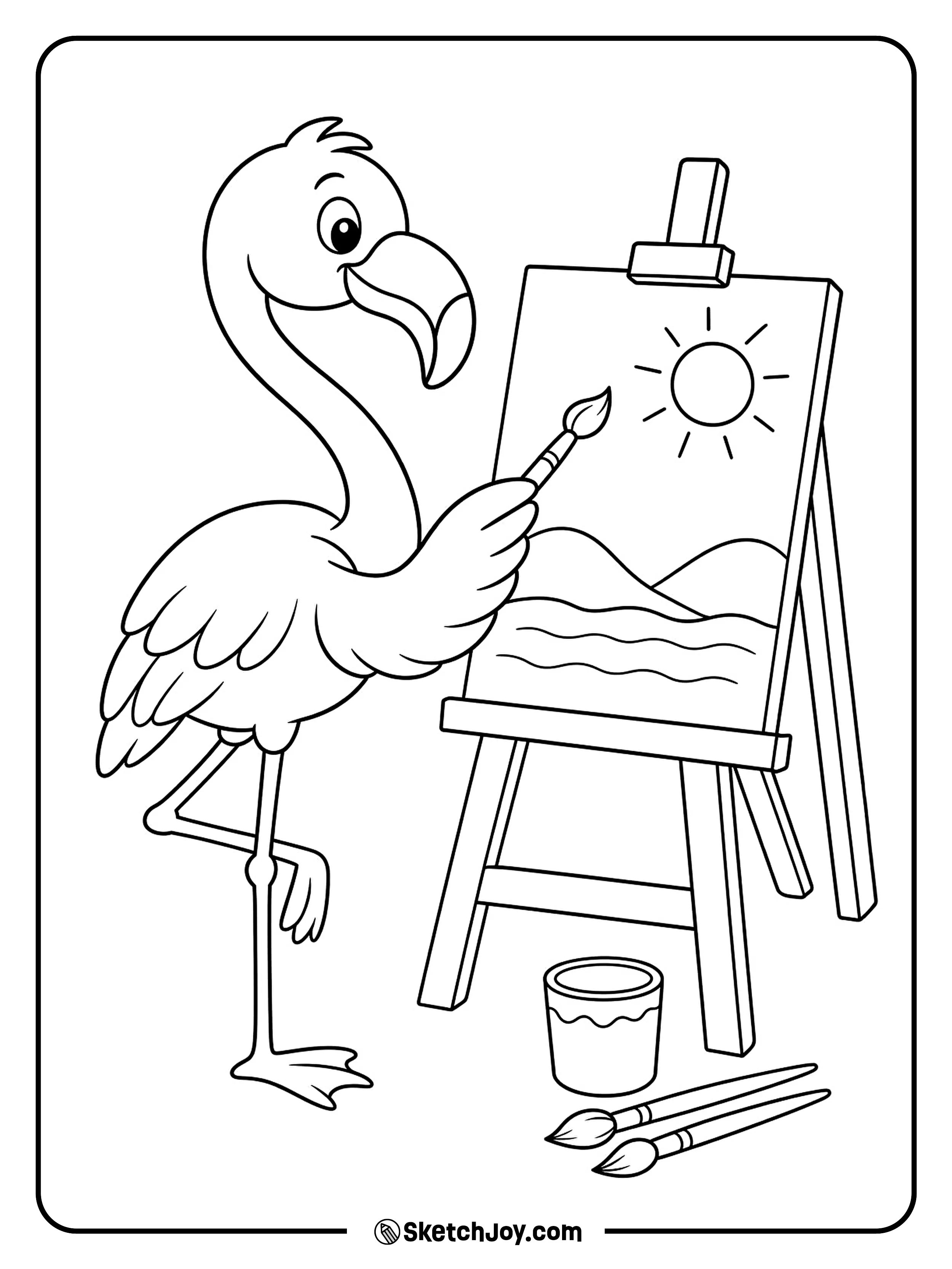 A creative flamingo paints a sunny lake scene on a small canvas.