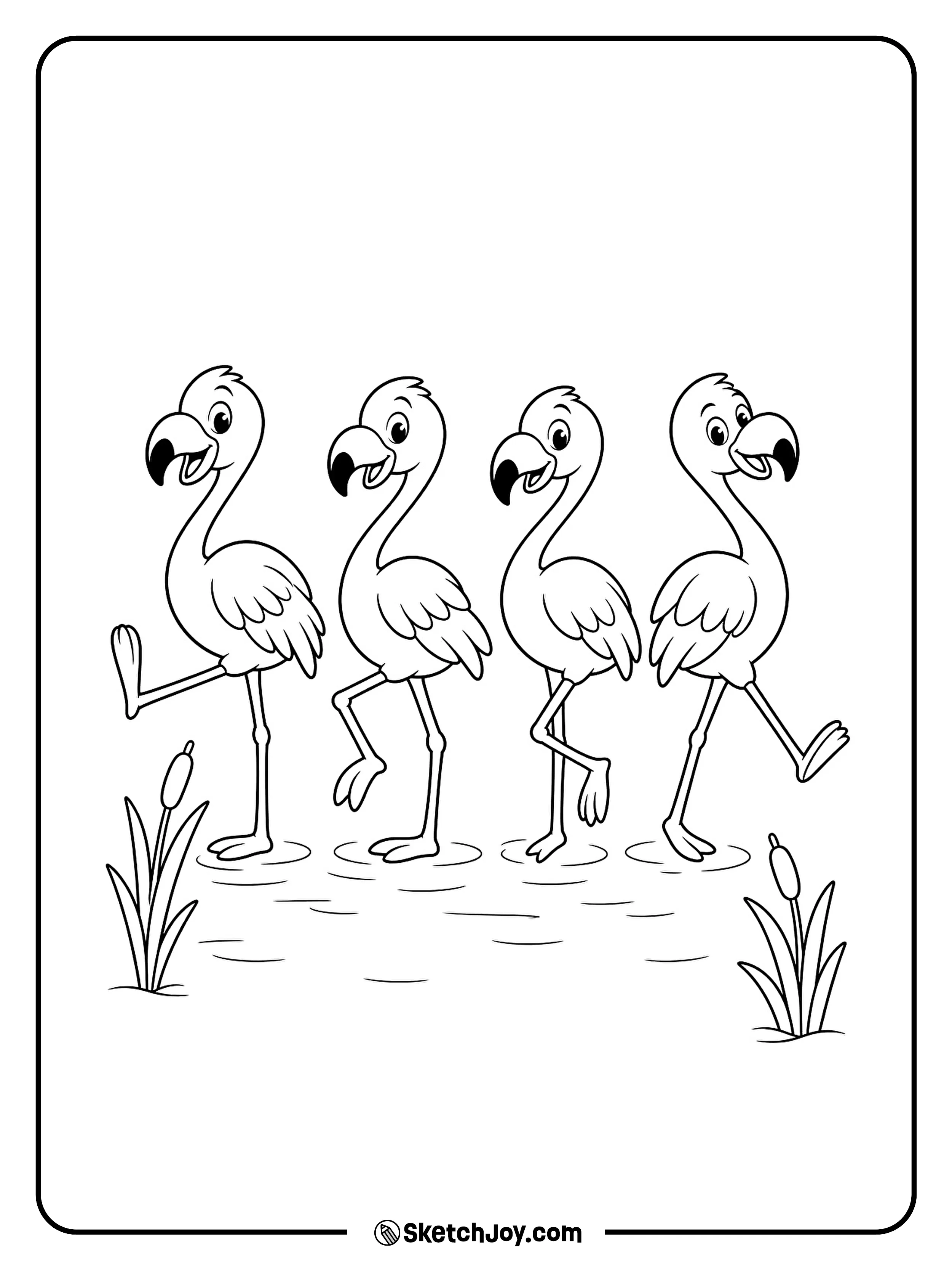 Four funny flamingos walk in a neat line through shallow water.