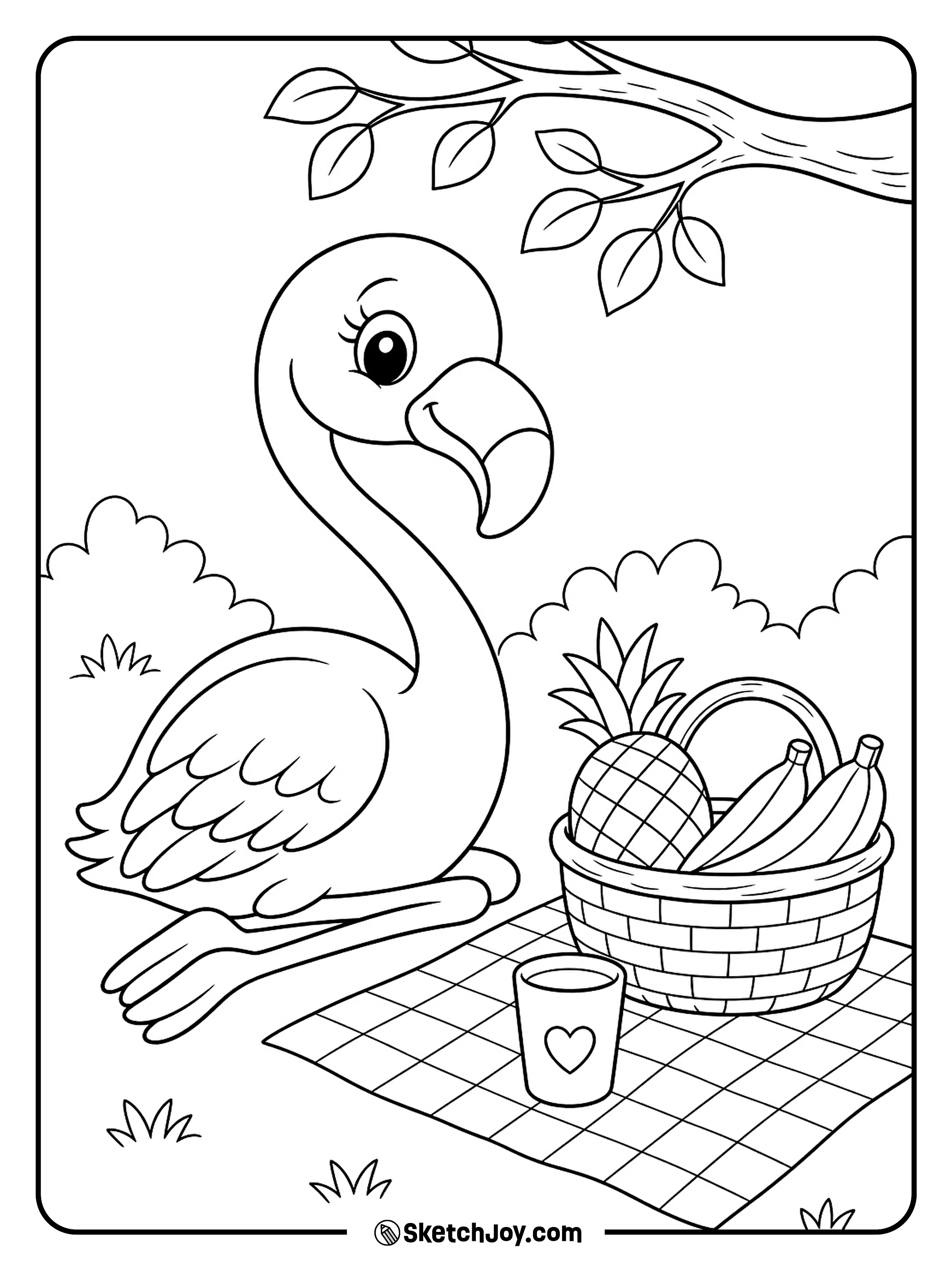 A cheerful flamingo enjoys fruit beside a checkered picnic cloth.