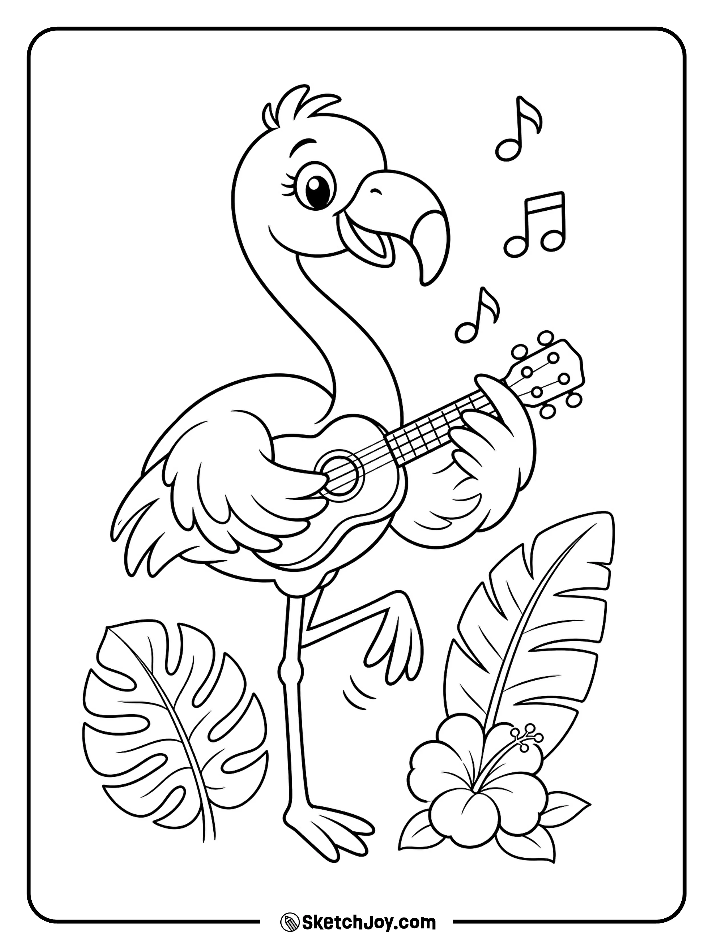 A musical flamingo plays a tiny ukulele beside tropical leaves.