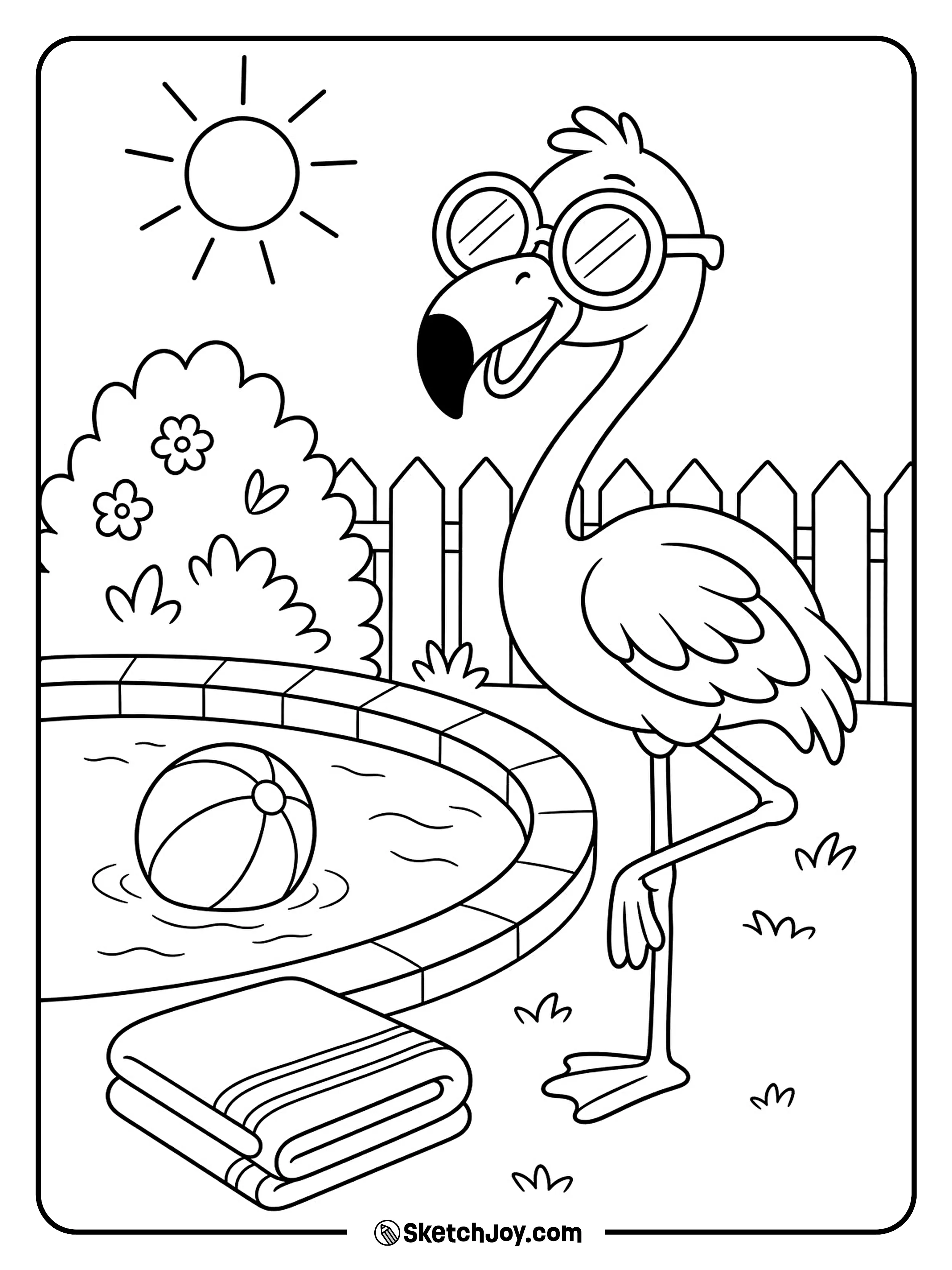 A cool flamingo wears sunglasses beside a small pool.