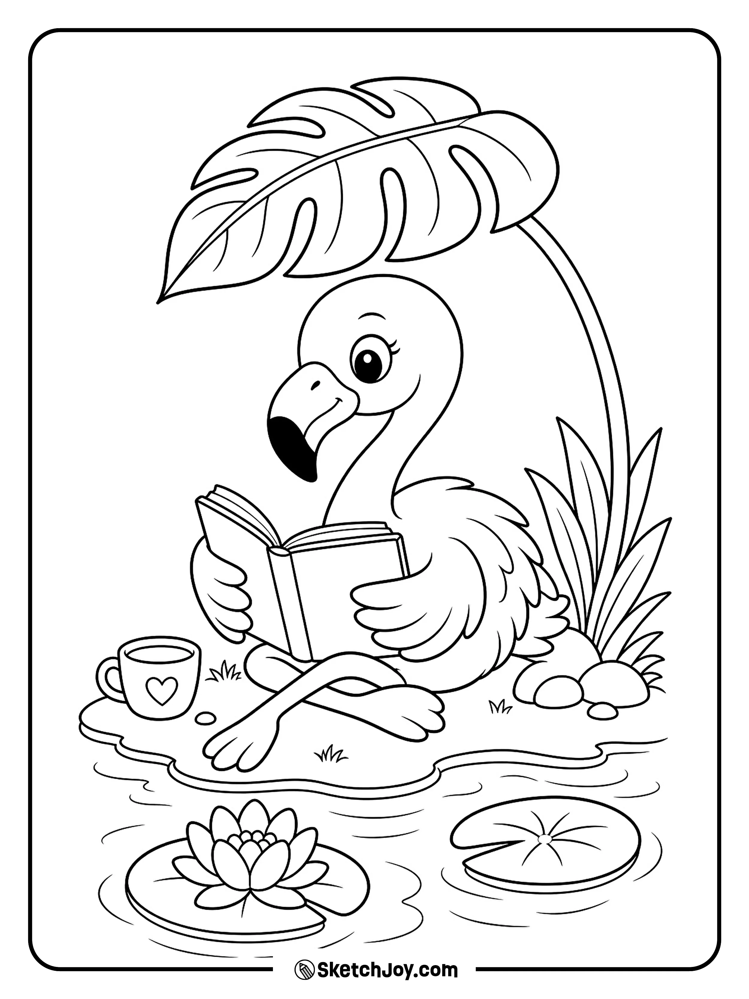 A quiet flamingo reads a book beneath a broad tropical leaf.