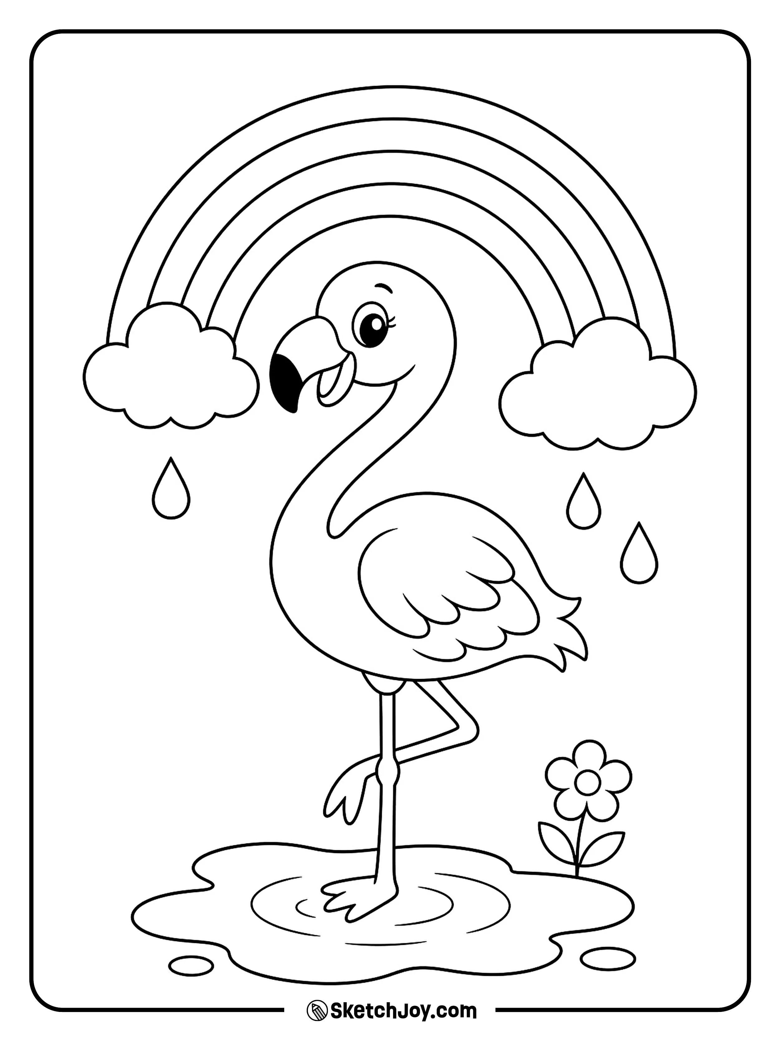 A smiling flamingo stands under a bright rainbow after the rain.