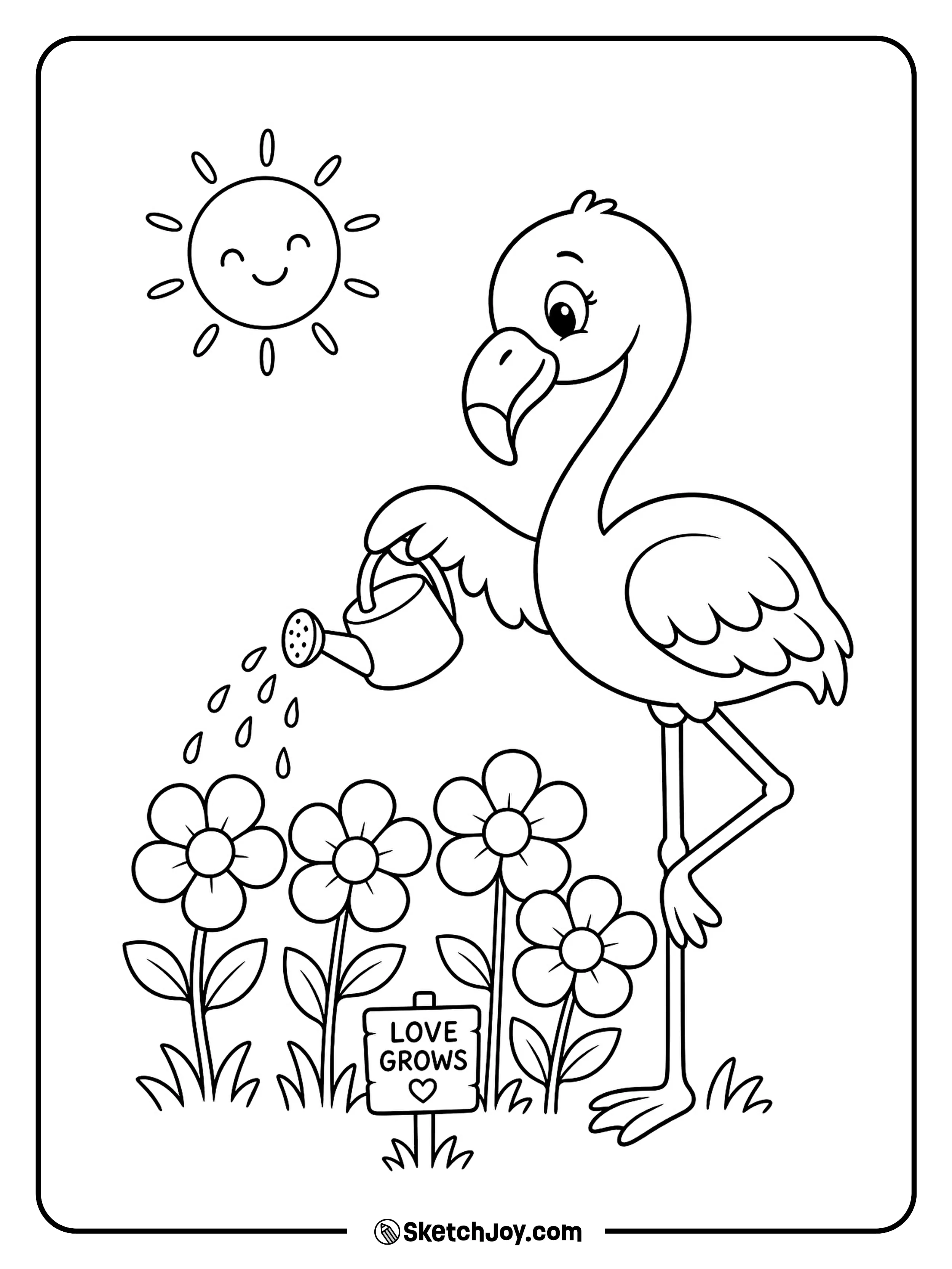 A helpful flamingo waters a row of bright garden flowers.