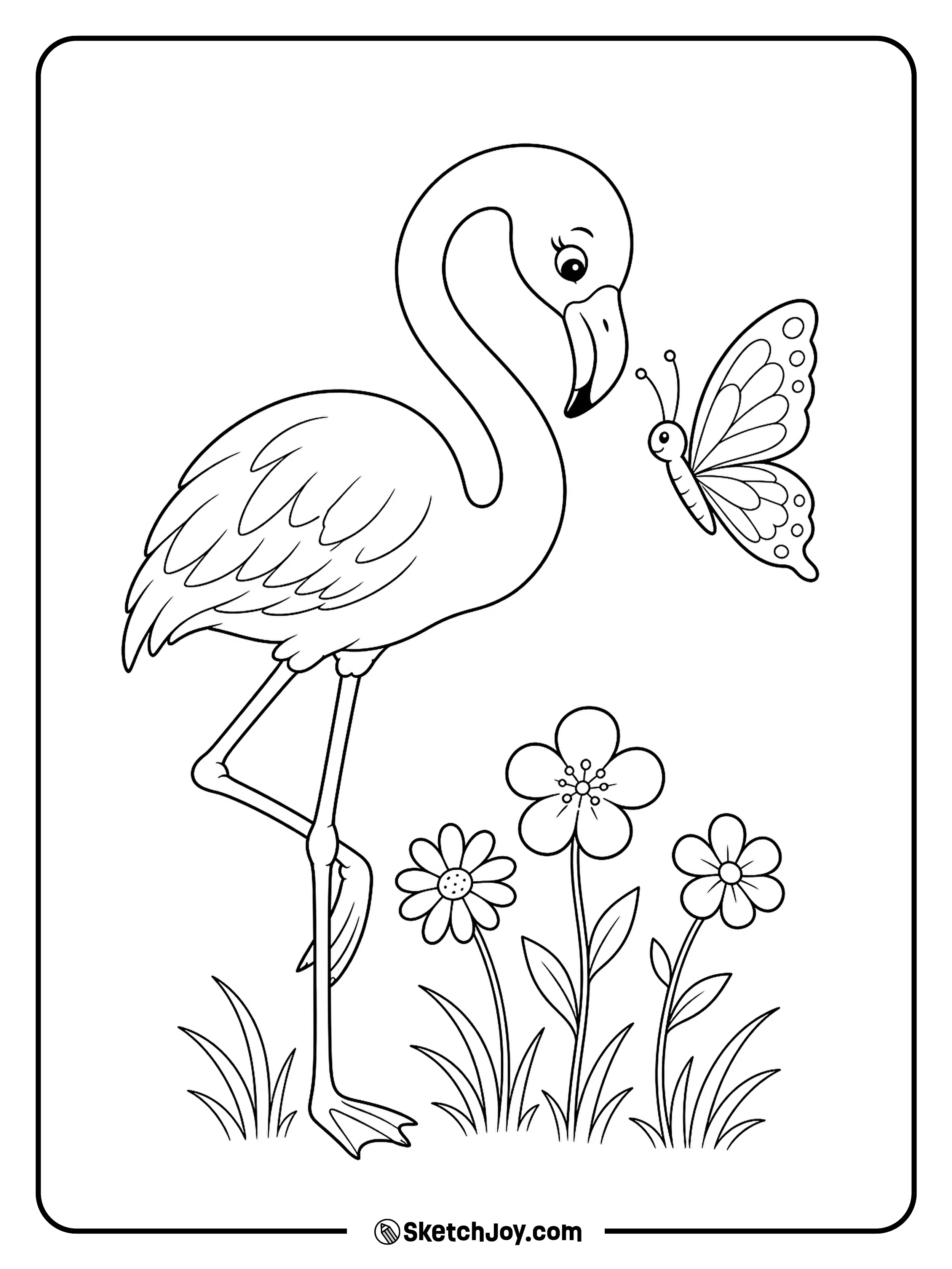 A curious flamingo watches a butterfly land near its beak.