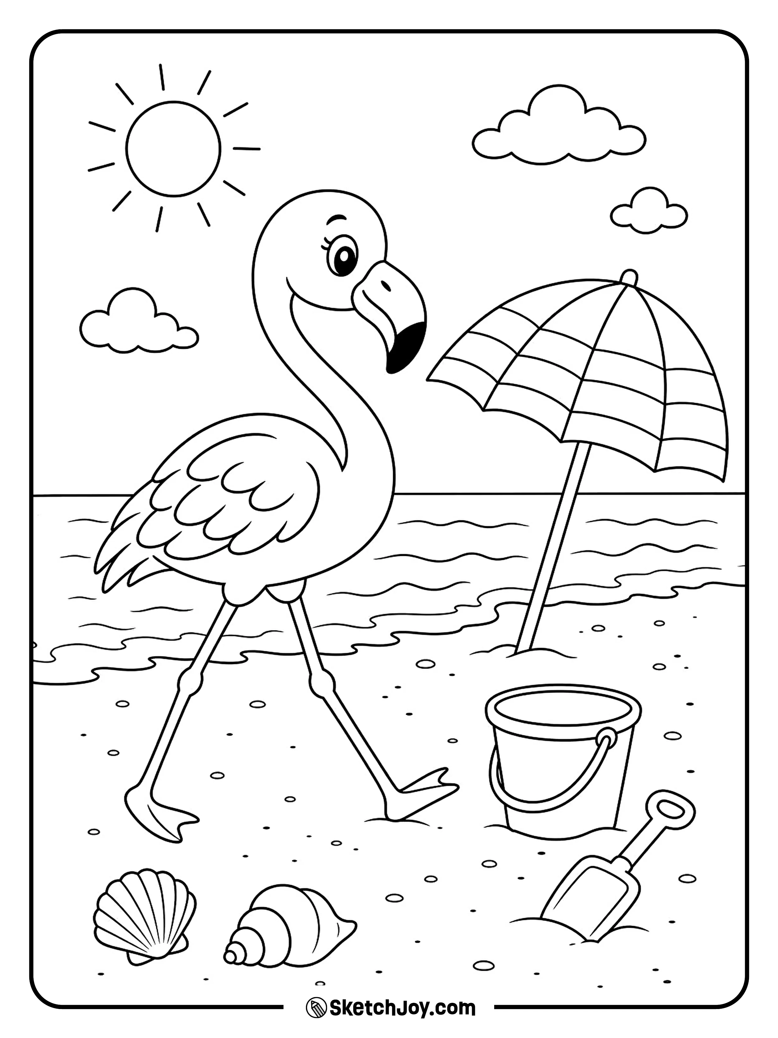 A playful flamingo walks past shells and a striped beach umbrella.