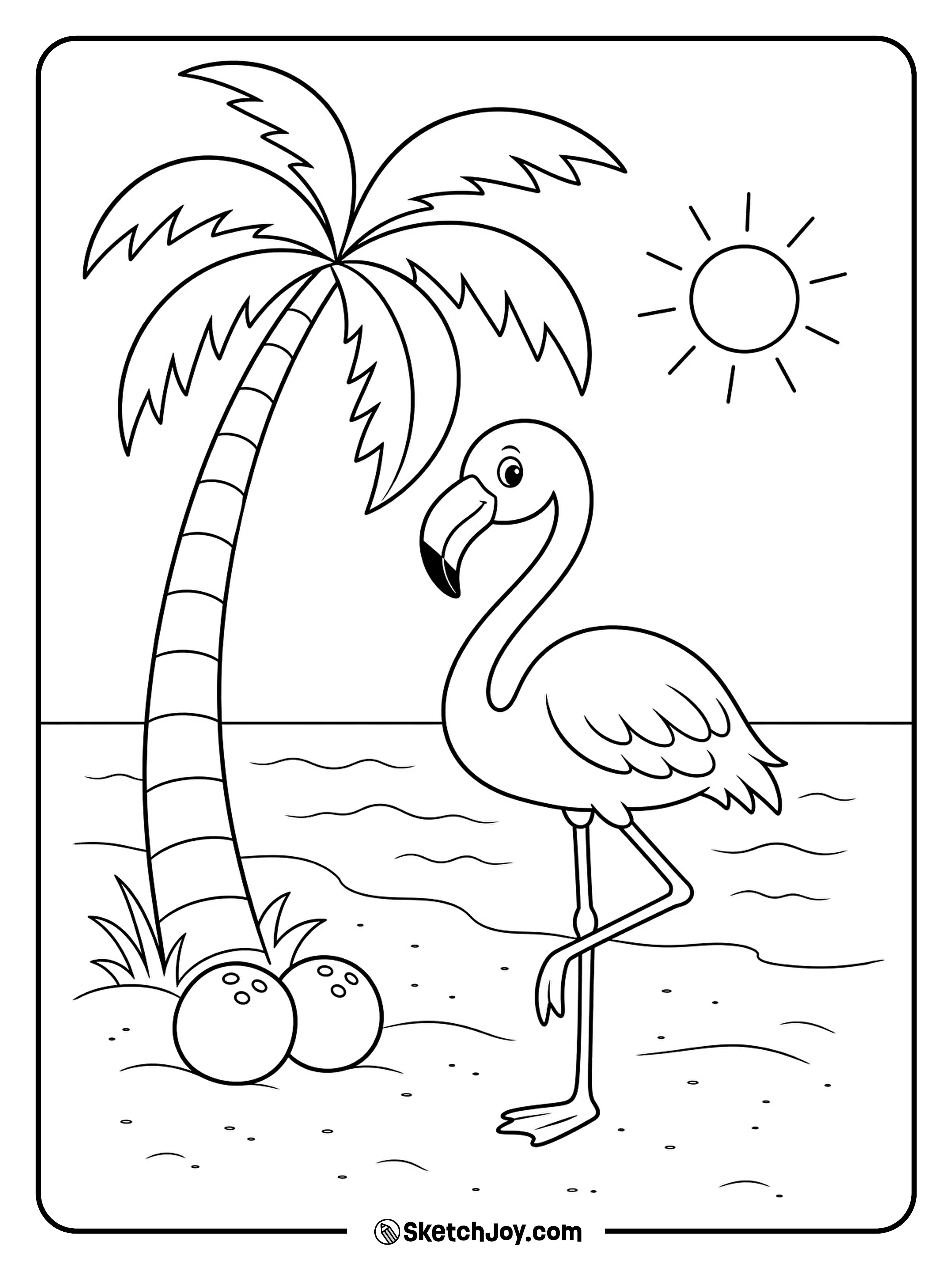 A tropical flamingo rests beside a curved palm tree near the sea.