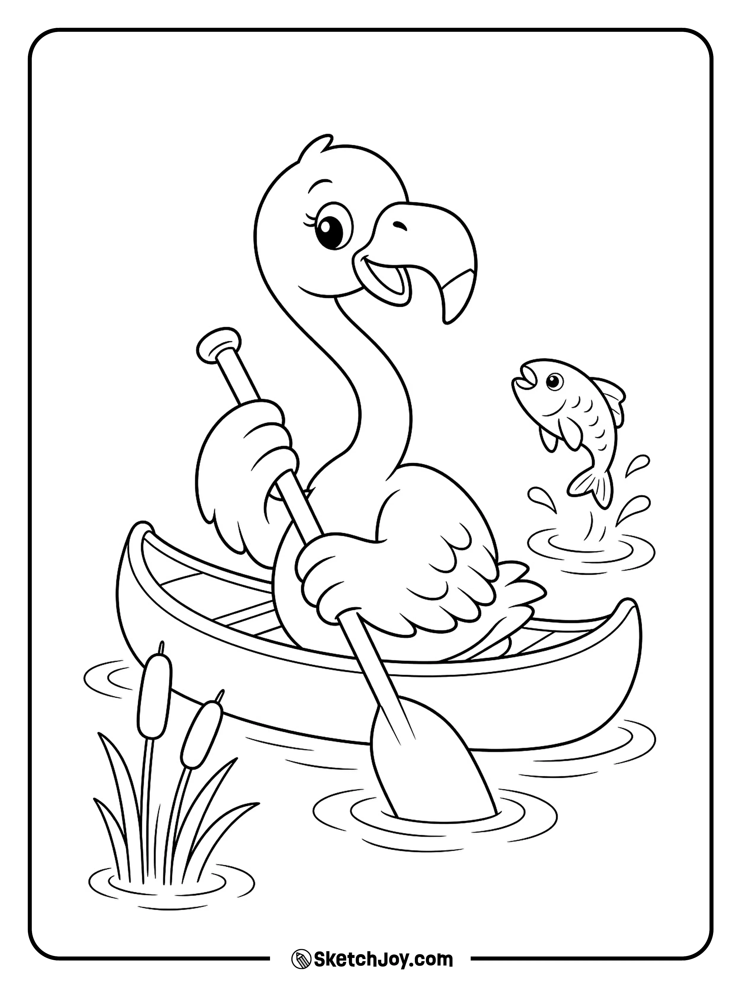 A funny flamingo paddles a little canoe across a calm lake.