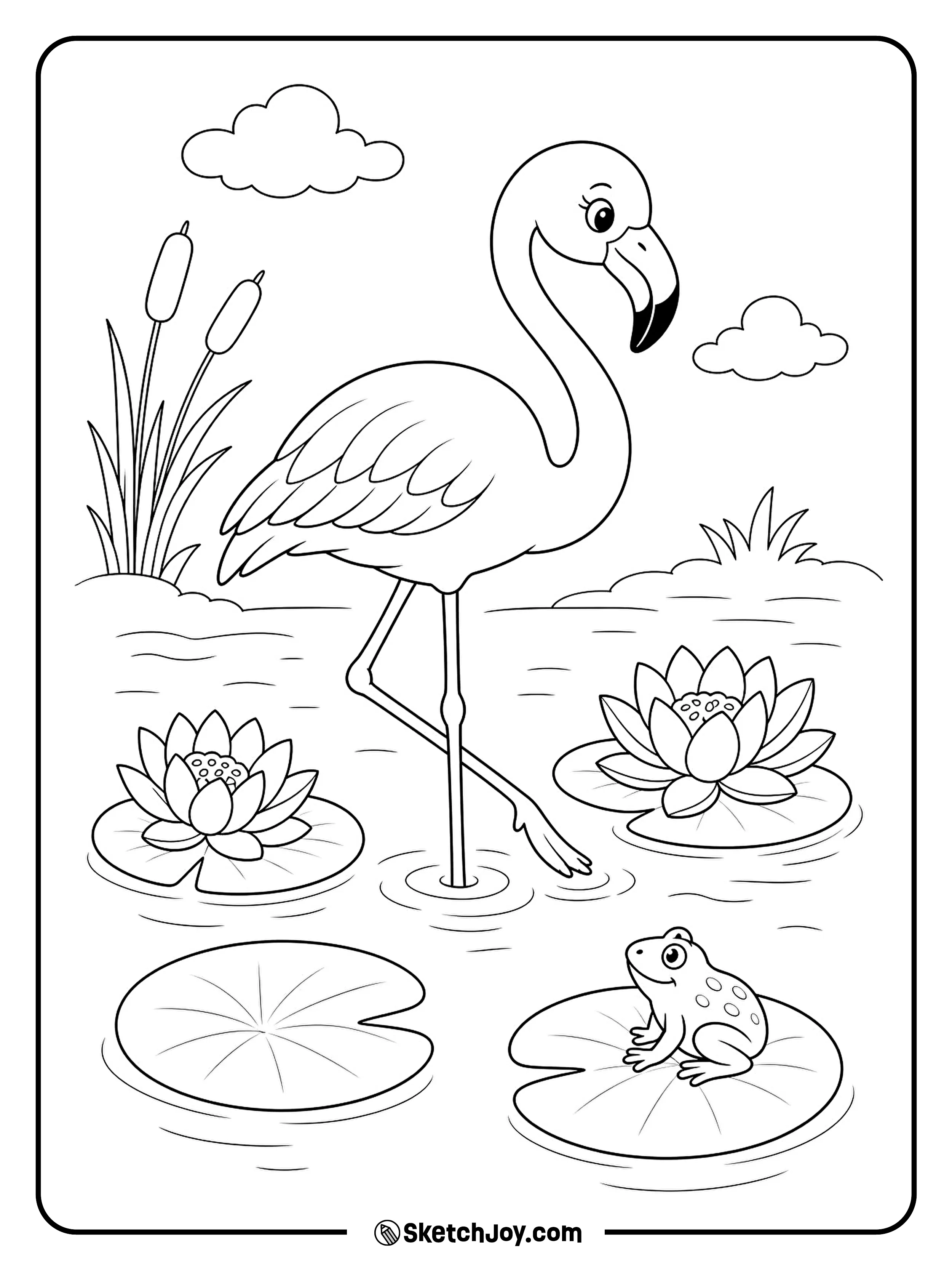A calm flamingo walks between round lily pads and flowers.