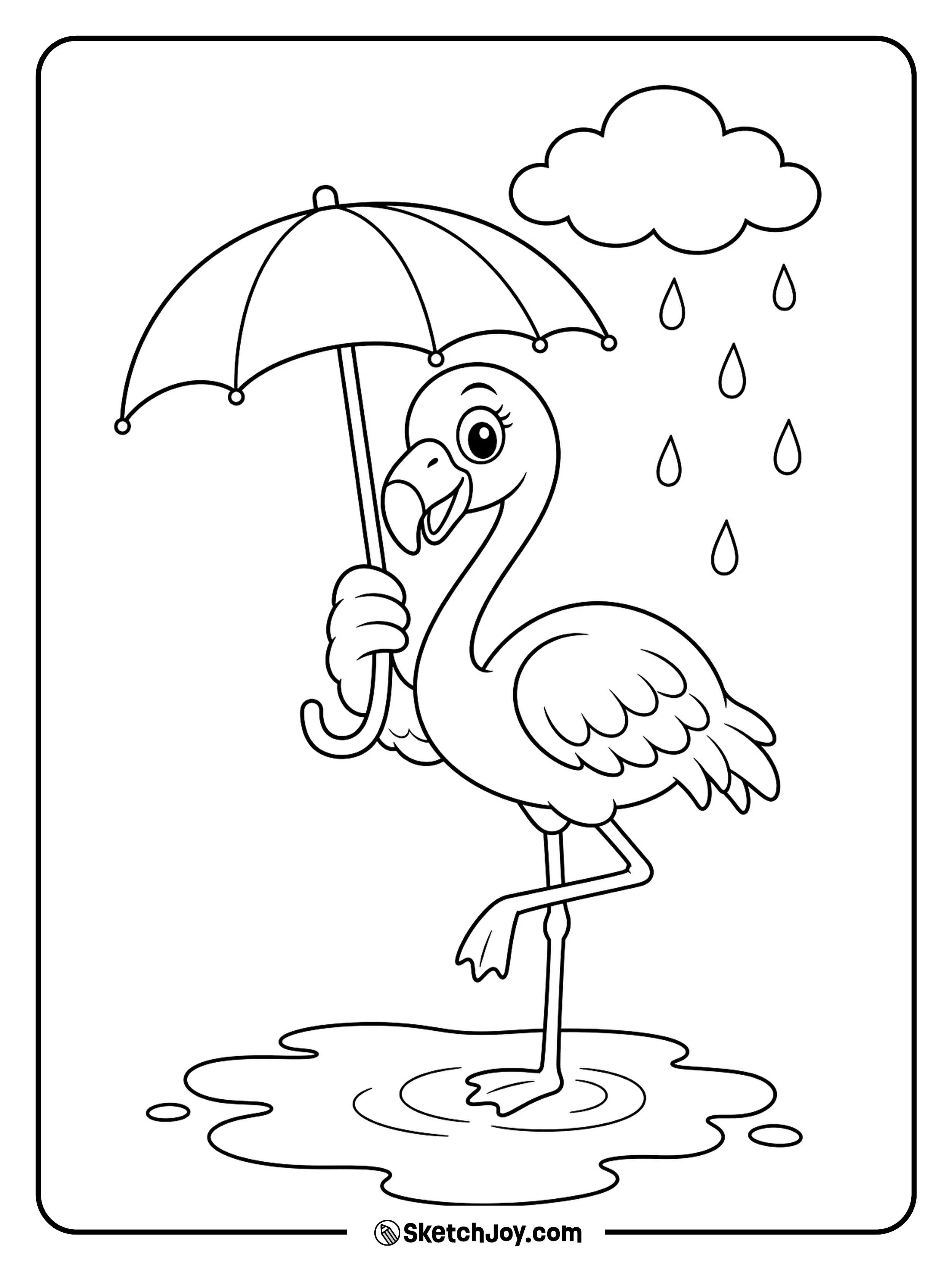 A happy flamingo holds an umbrella while splashing in a puddle.