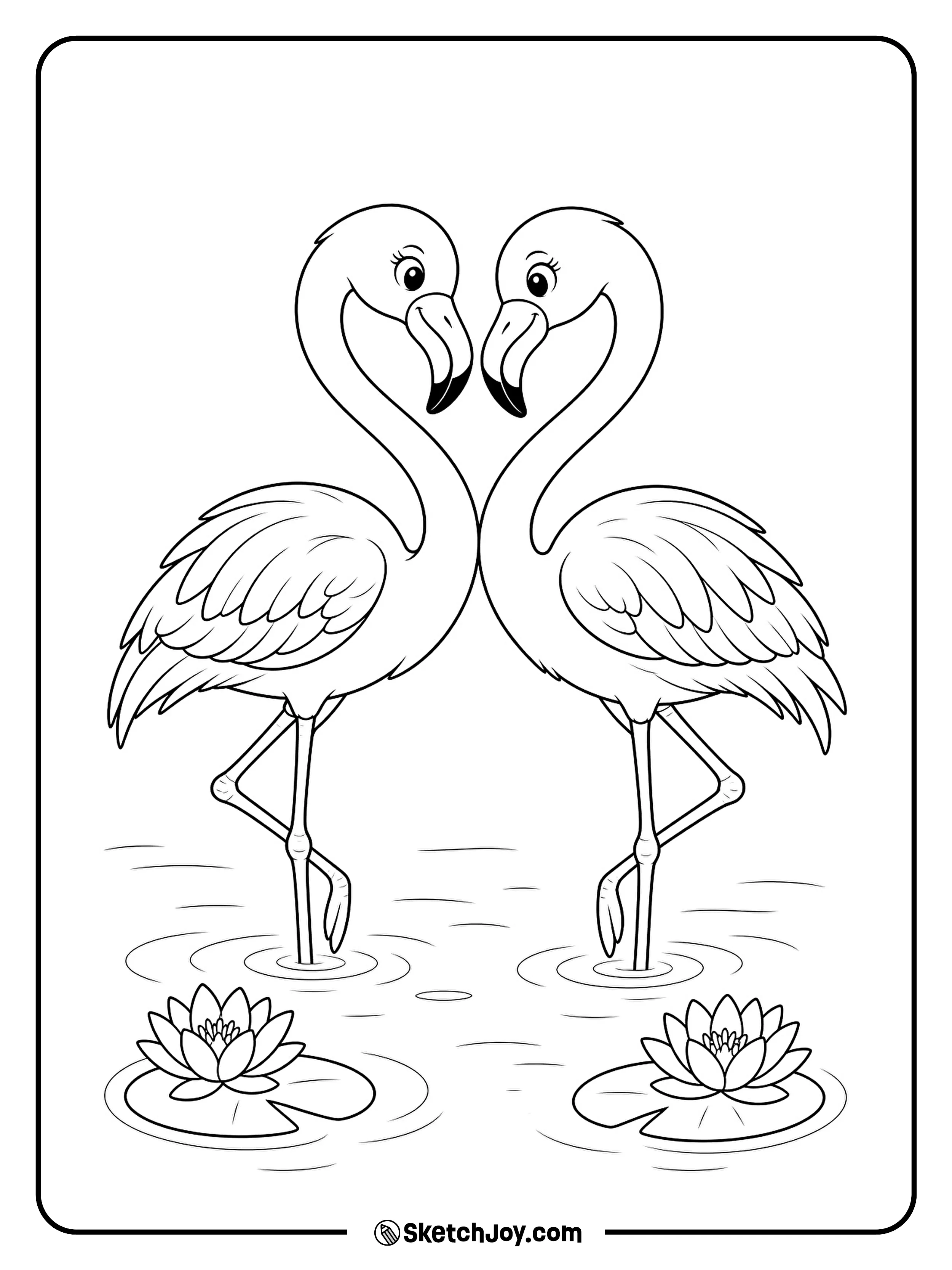 Two flamingos curve their necks together to form a heart.