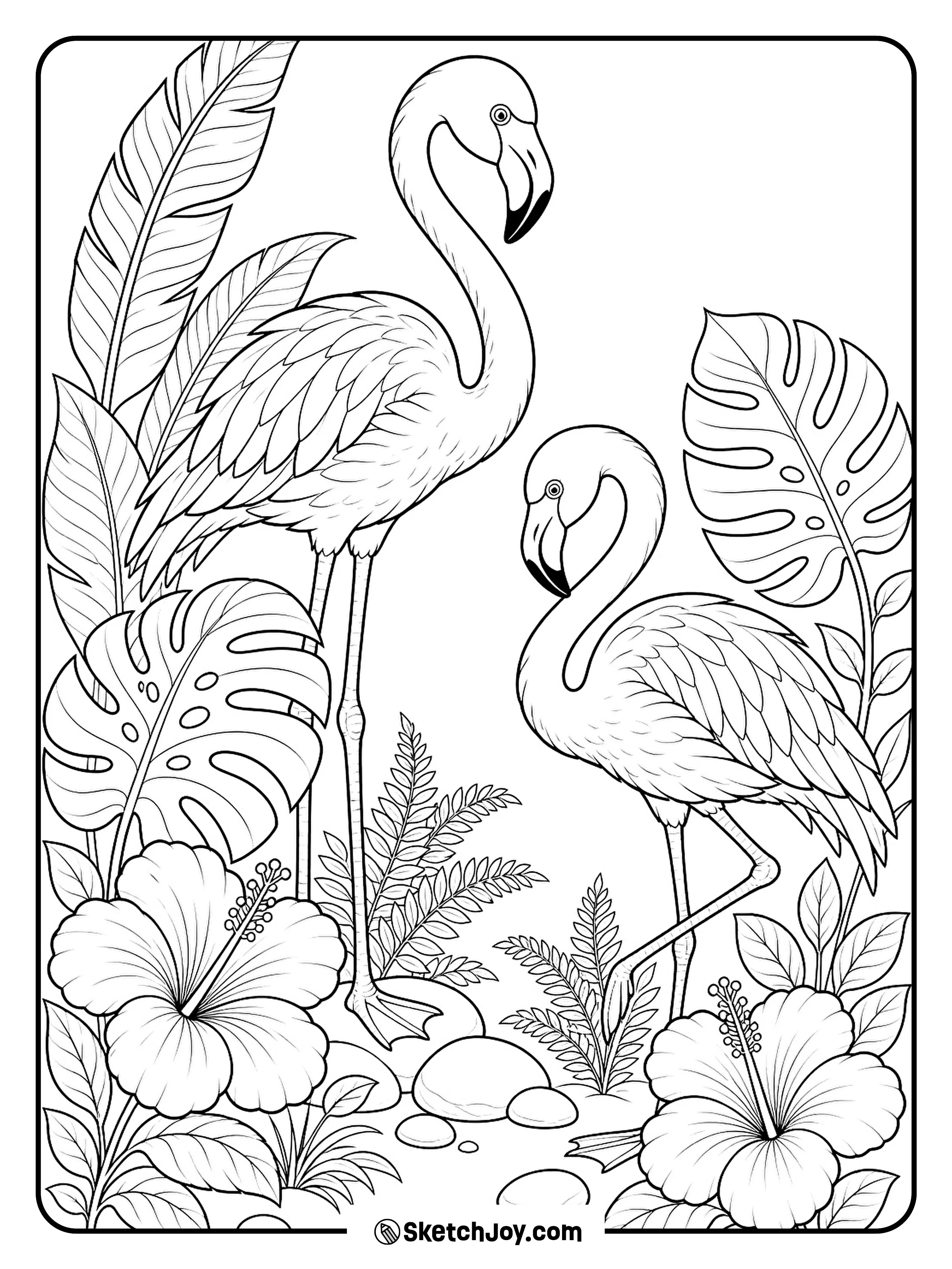 Two graceful flamingos stand between hibiscus flowers and broad leaves.