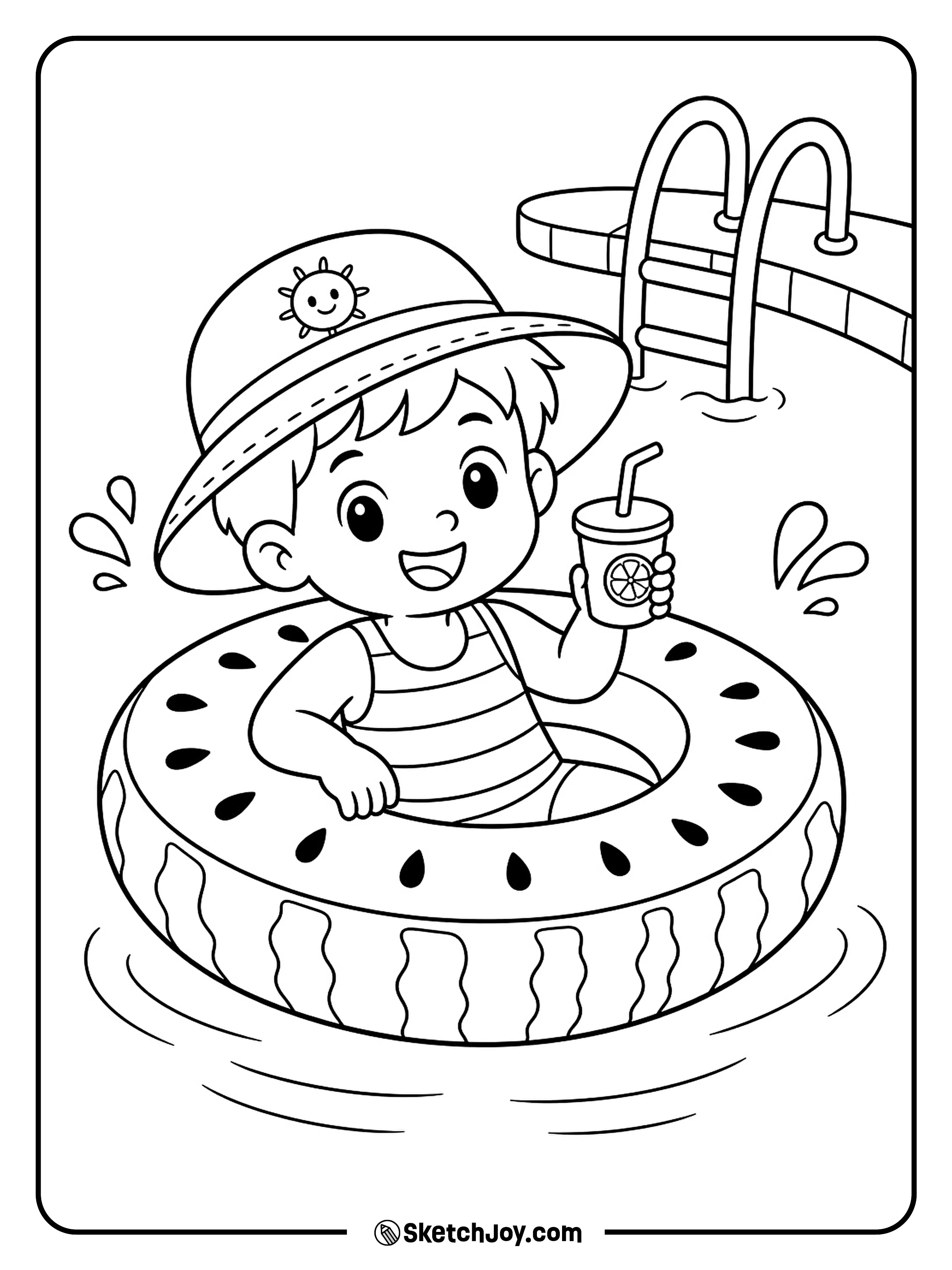 A cheerful child rests in a watermelon float while gentle water splashes nearby.