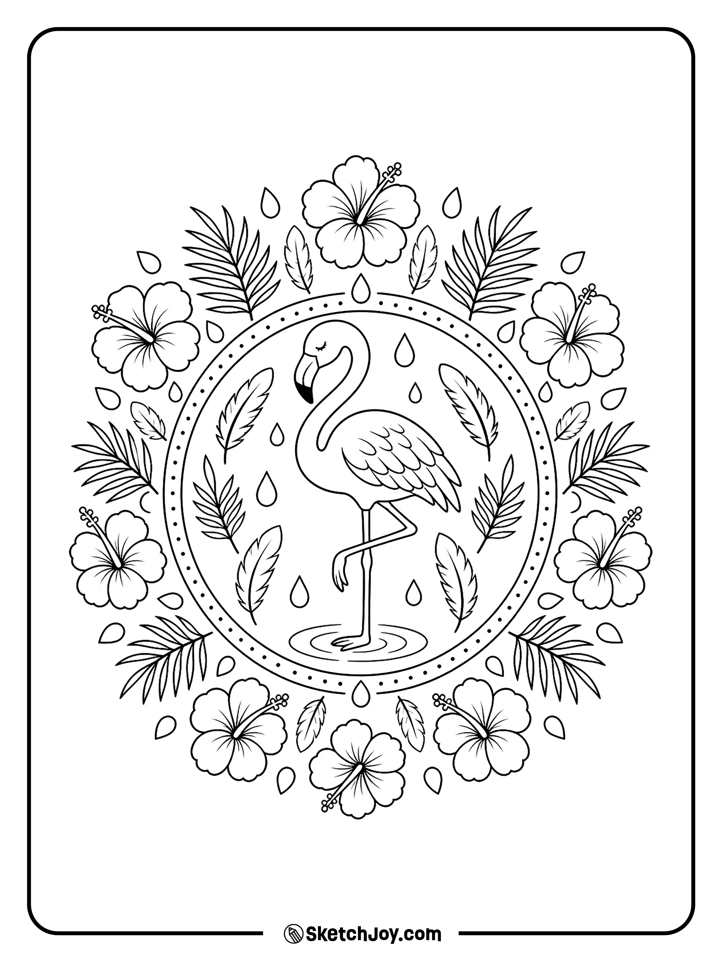 A flamingo rests at the center of a round pattern made from flowers and leaves.