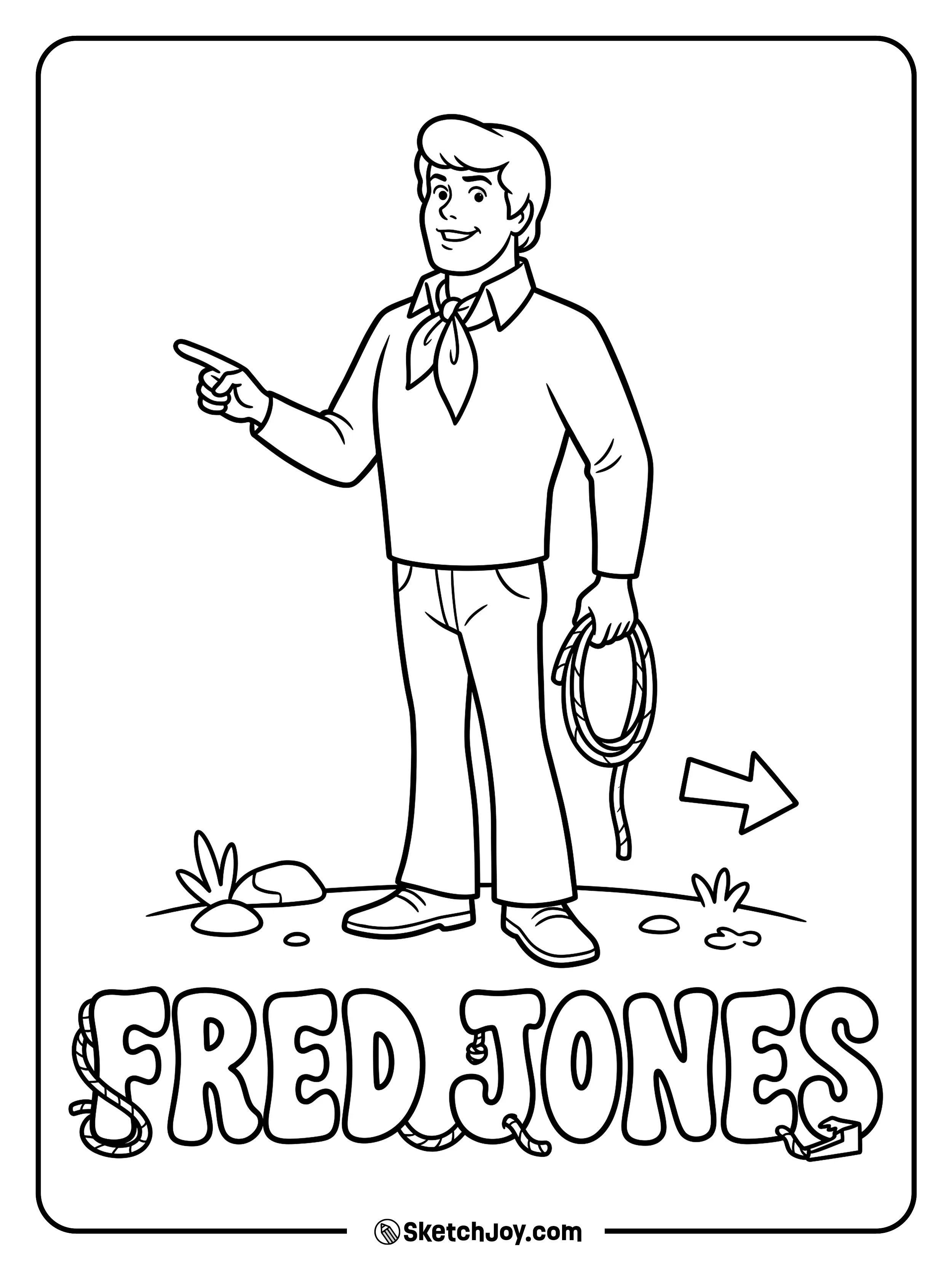 Fred points ahead while holding a rope for his next mystery trap.