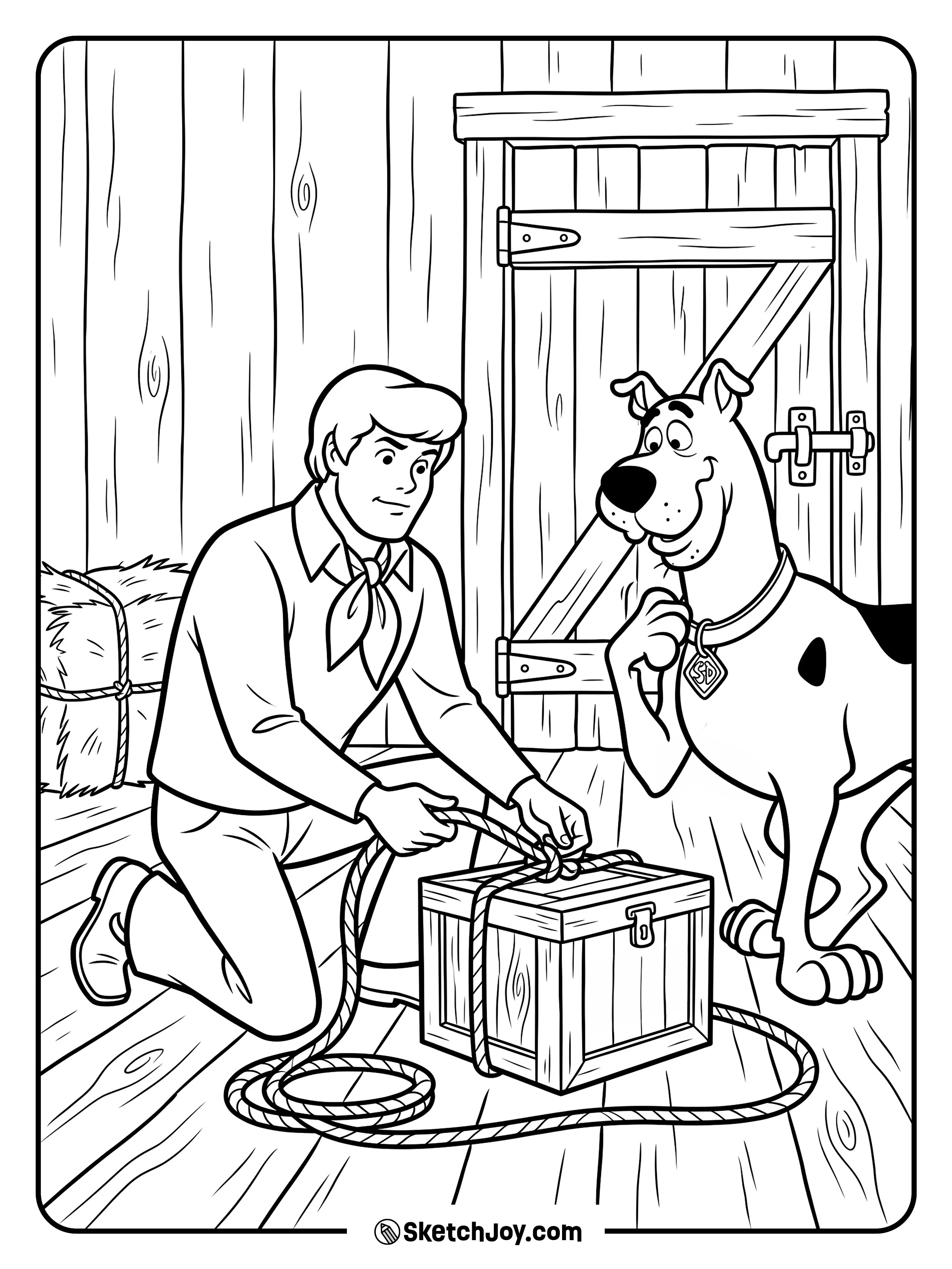 Fred points to a simple trap while Scooby-Doo looks unsure.