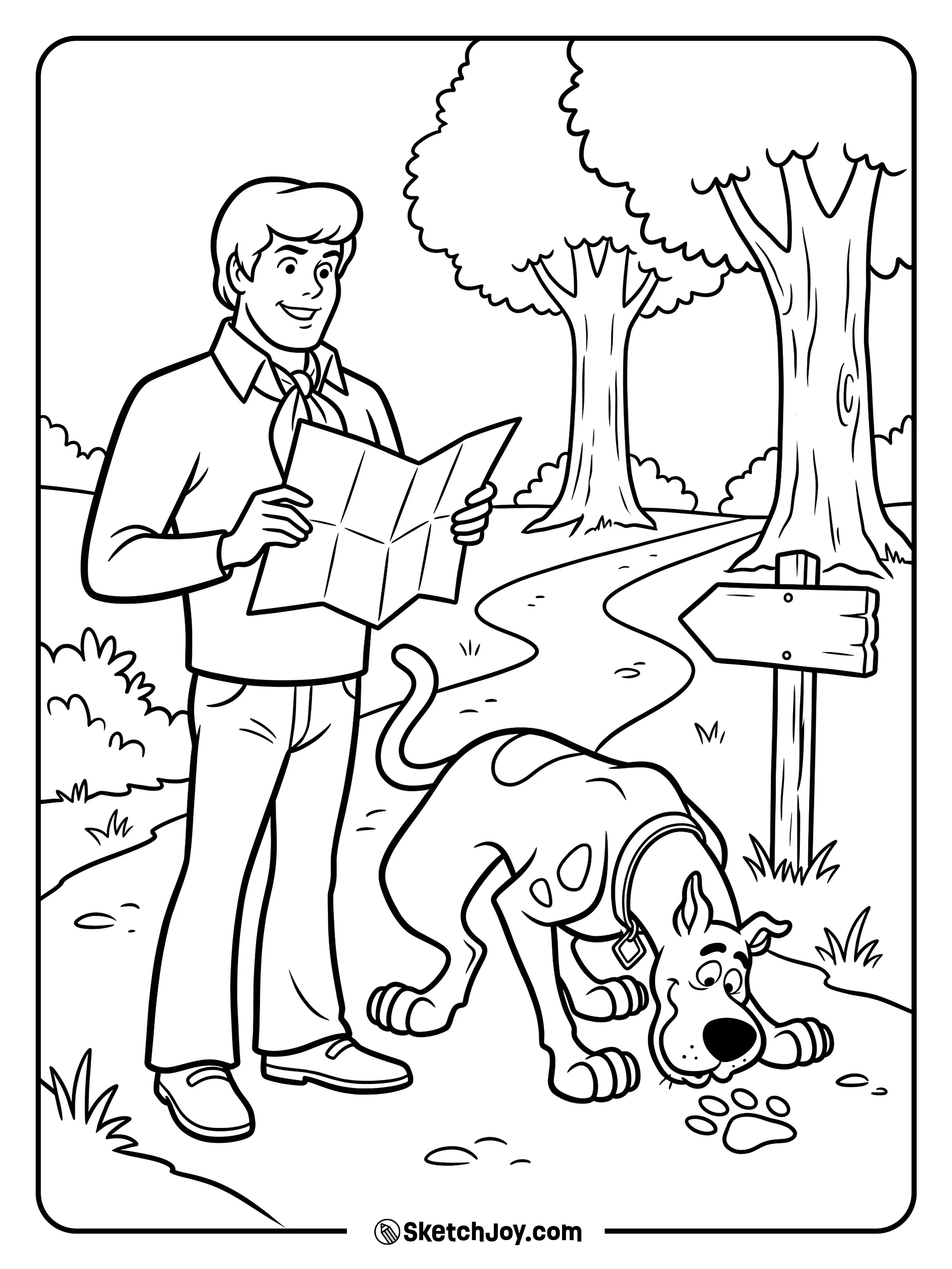 Fred reads a map while Scooby-Doo sniffs for clues.