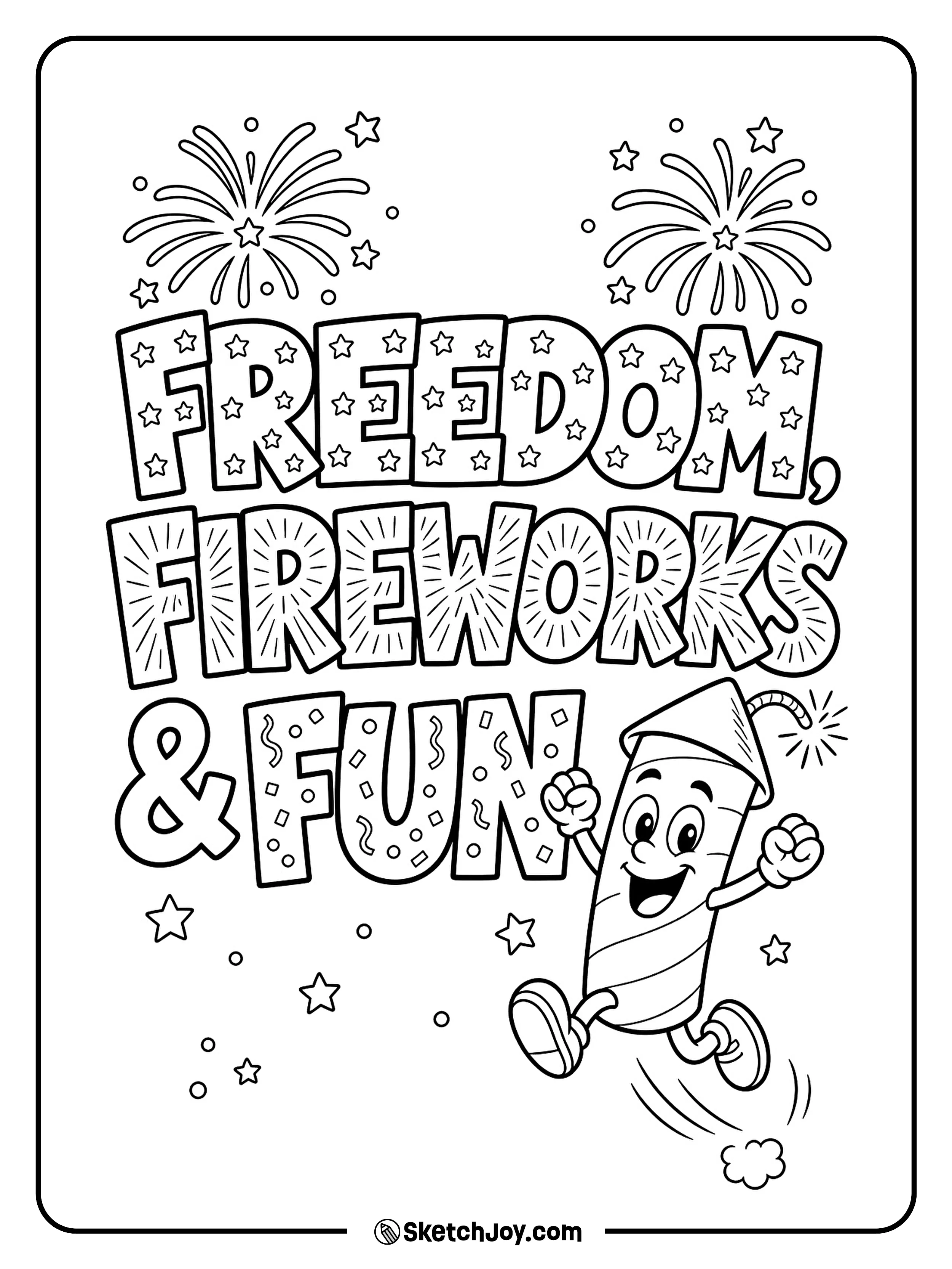 A happy firecracker mascot jumps beside a playful holiday message.