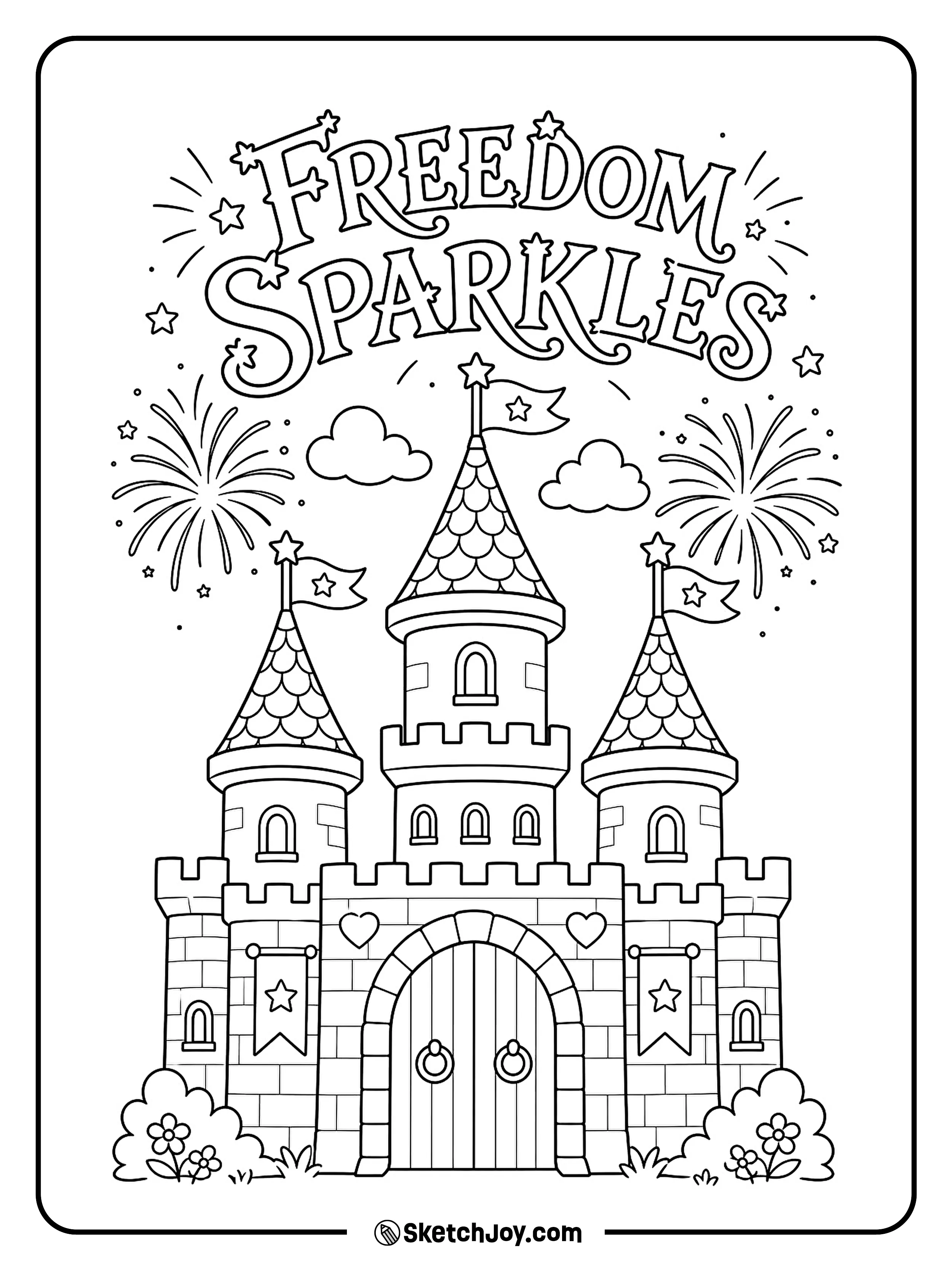 A magical castle shines under stars and holiday fireworks.